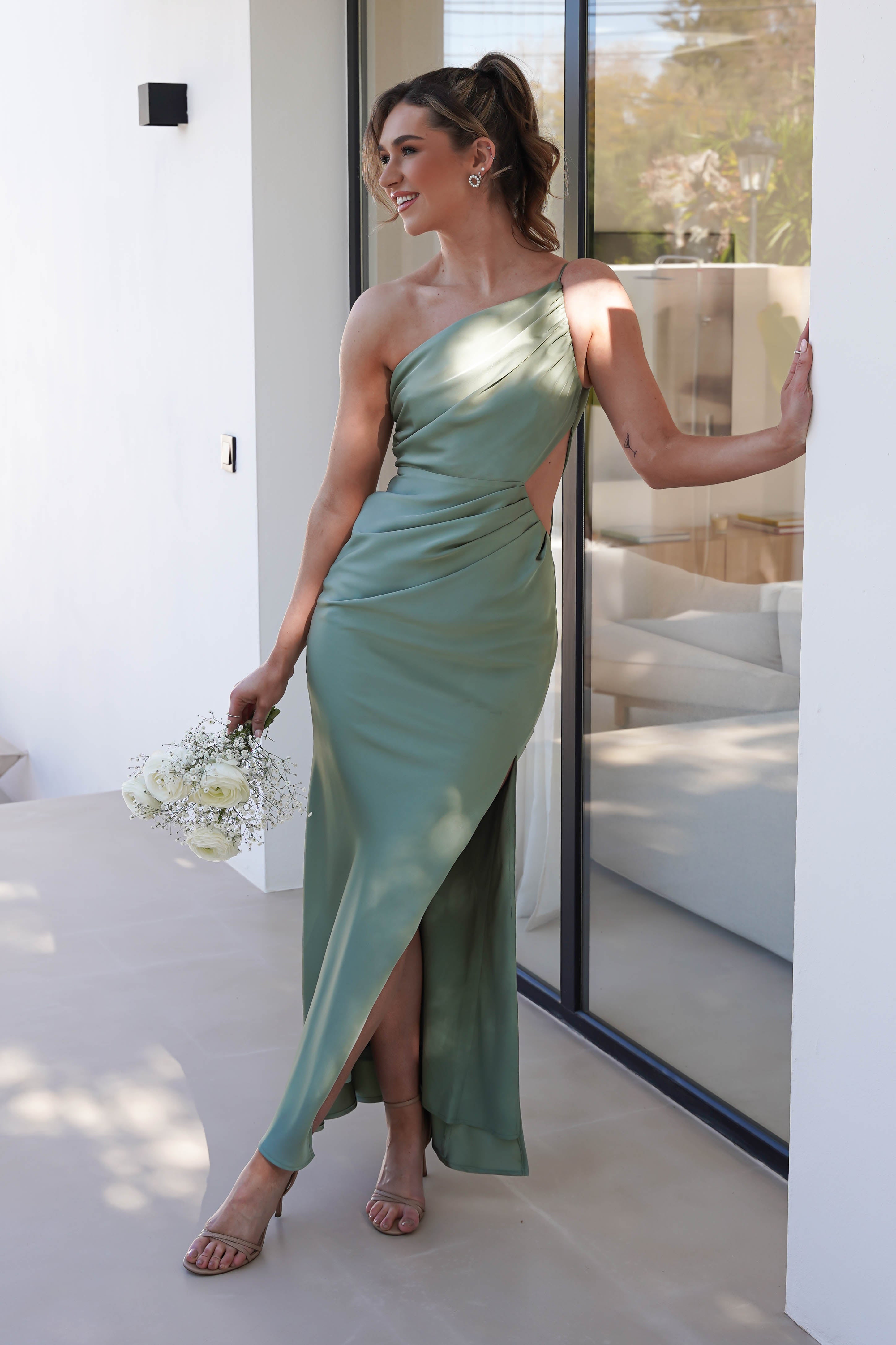 Lyra Soft Matte Satin Maxi Dress for Women - Olive Green Elegant Long Dress | Perfect for Weddings, Parties & Summer Vacations