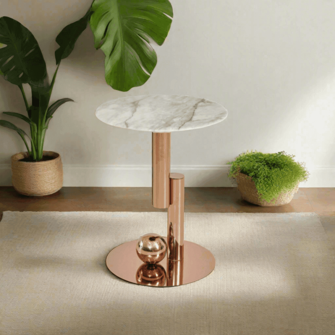 Giada Cultured Marble Side Table with Rose Gold Base - Modern End Table for Living Room, Bedroom & Office Decor