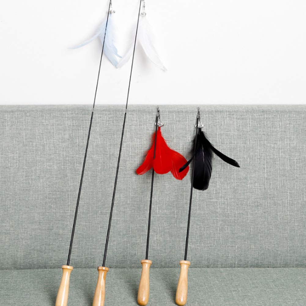 Interactive Cat Feather Toy Wand - Retractable Cat Teaser with 2 Bells & Natural Feather Refills (4 Pack) - Fun Exercise Play for Kittens & Adult Cats - Perfect for Indoor Playtime & Bonding Activities