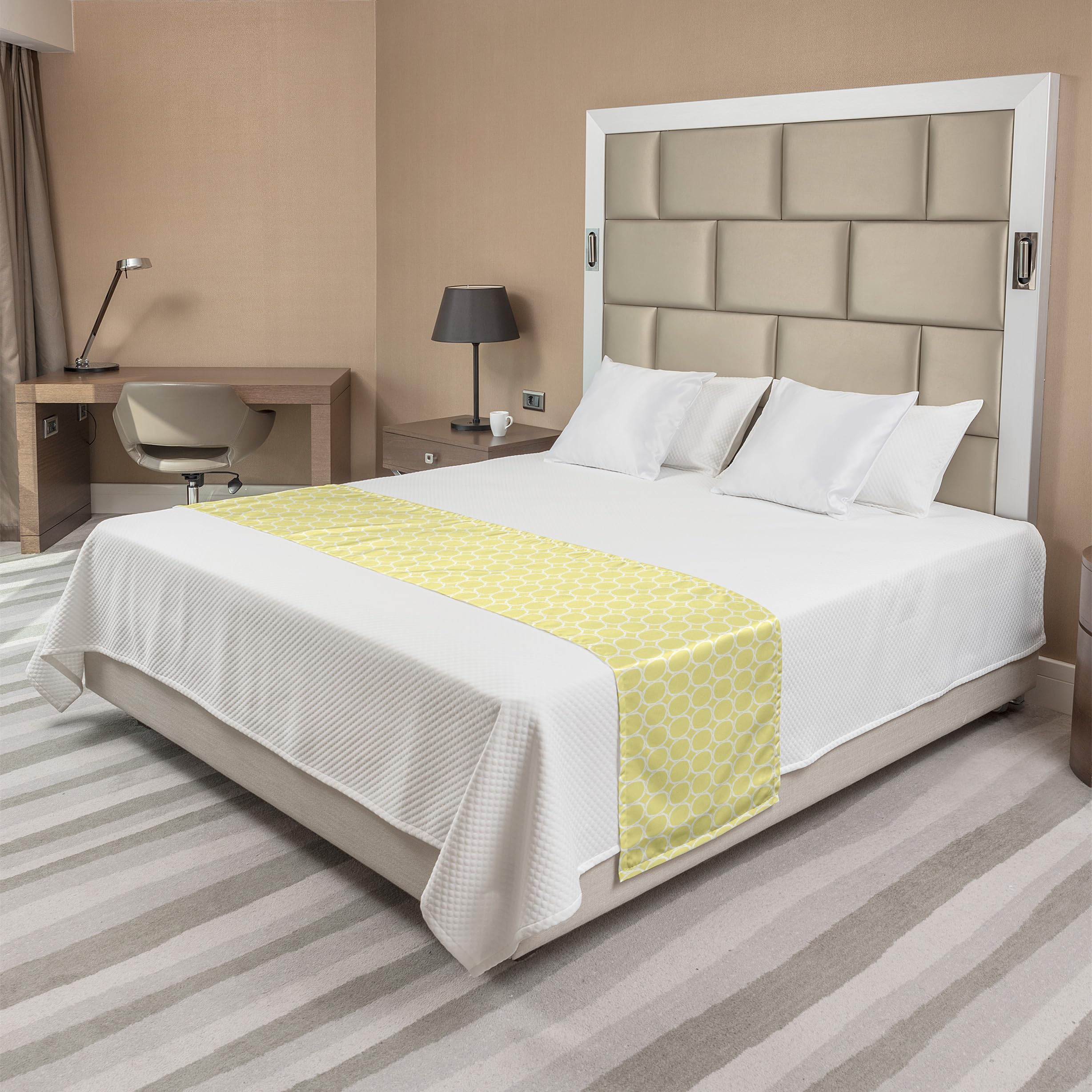 Ambesonne Geometric Bed Runner - Abstract Pastel Circular Pattern, Decorative Bed Scarf for Hotels, Homes & Guest Rooms | Pale Yellow & White Accent Piece | Perfect for Master Bedrooms, Airbnb Listings & Luxury Bedding Decor