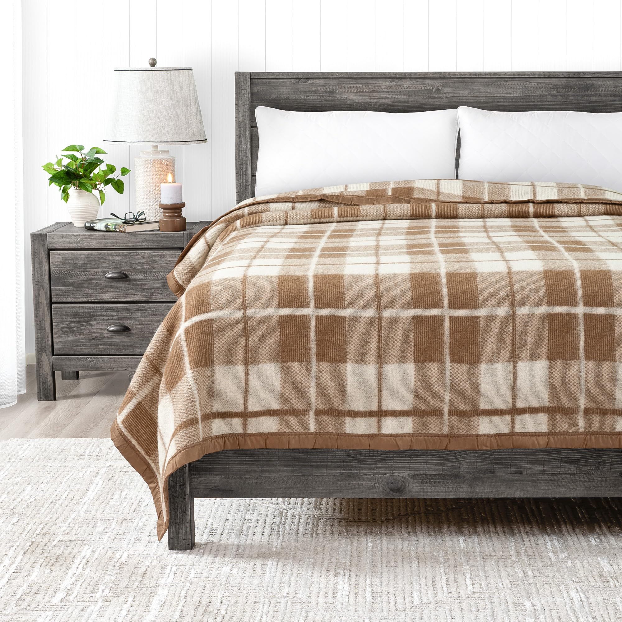 Premium 100% Virgin Wool Blanket - 400GSM Medium/Heavy Weight - Machine Washable Camel/Natural Plaid - Full/Queen Size - Cozy & Warm for Bedroom, Sofa, Camping & Travel - Luxury Home & Outdoor Blanket