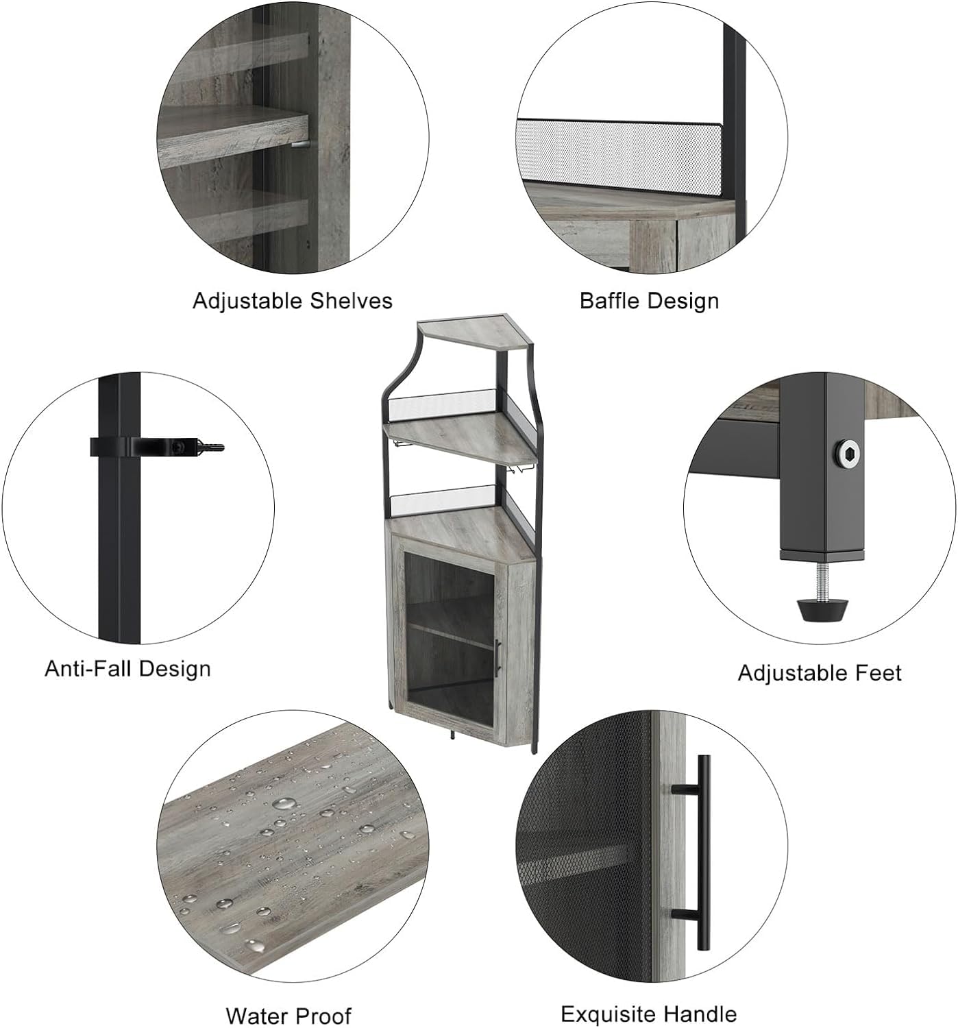 IDEALHOUSE 4-Tier Corner Wine Bar Cabinet with Large Storage Space, Detachable Wine Rack, Glass Holder & Mesh Door - Perfect for Home Bar, Dining Room or Living Room Decor (Grey)