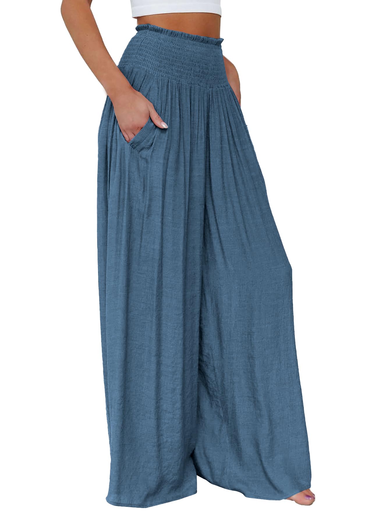 OPOIPIN Women's Smocked High Waisted Lounge Pants - Wide Leg Comfortable Long Trousers with Pockets for Casual Wear, Yoga & Home Relaxation