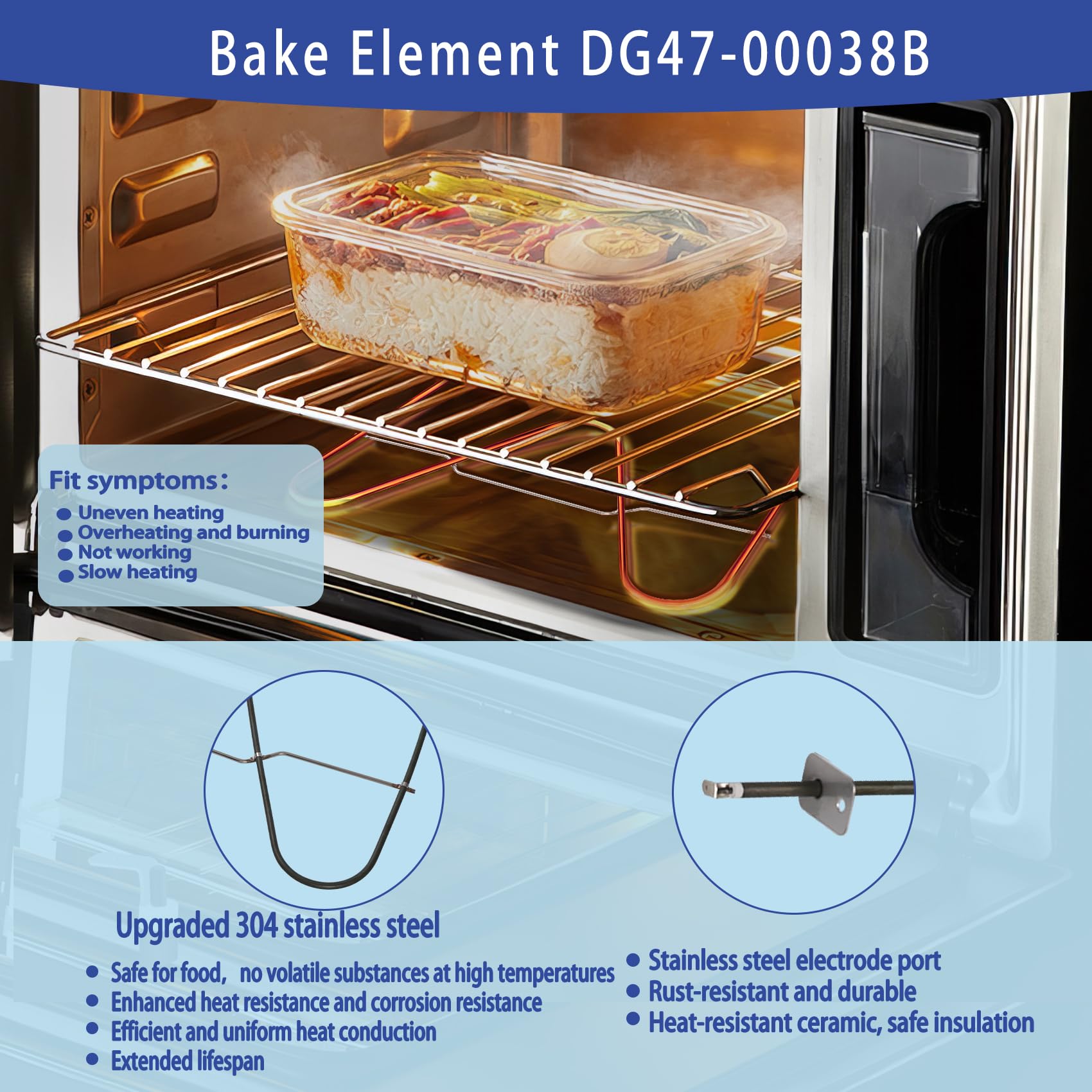 Samsung Oven Bake Heating Element DG47-00038B Replacement - Compatible with DG47-00038A, 3015238, AP5623199, EAP4240837, PS4240837, PD00025540 - Durable 3-Year Warranty - Perfect for Baking, Roasting, and Broiling in Samsung Oven Ranges