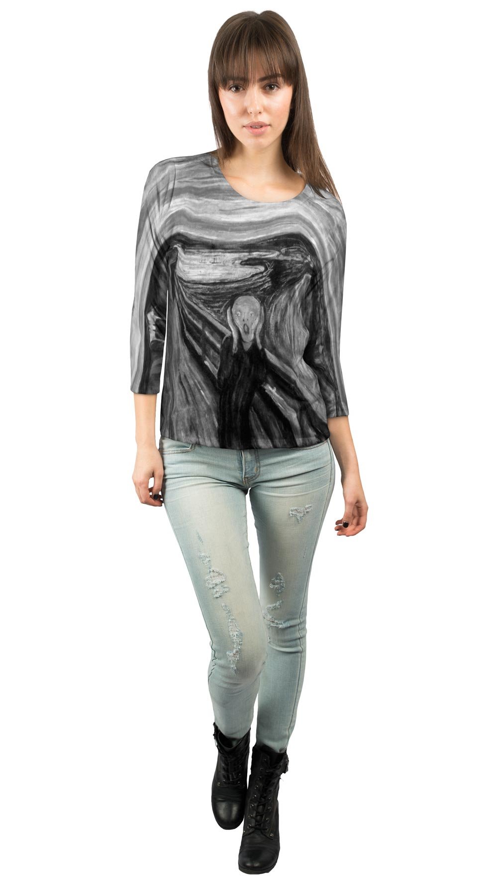 Yizzam Pop Art Munch Scream Black White 3/4 Sleeve T-Shirt for Women - Vintage Inspired Casual Tee for Streetwear, Art Lovers & Everyday Fashion