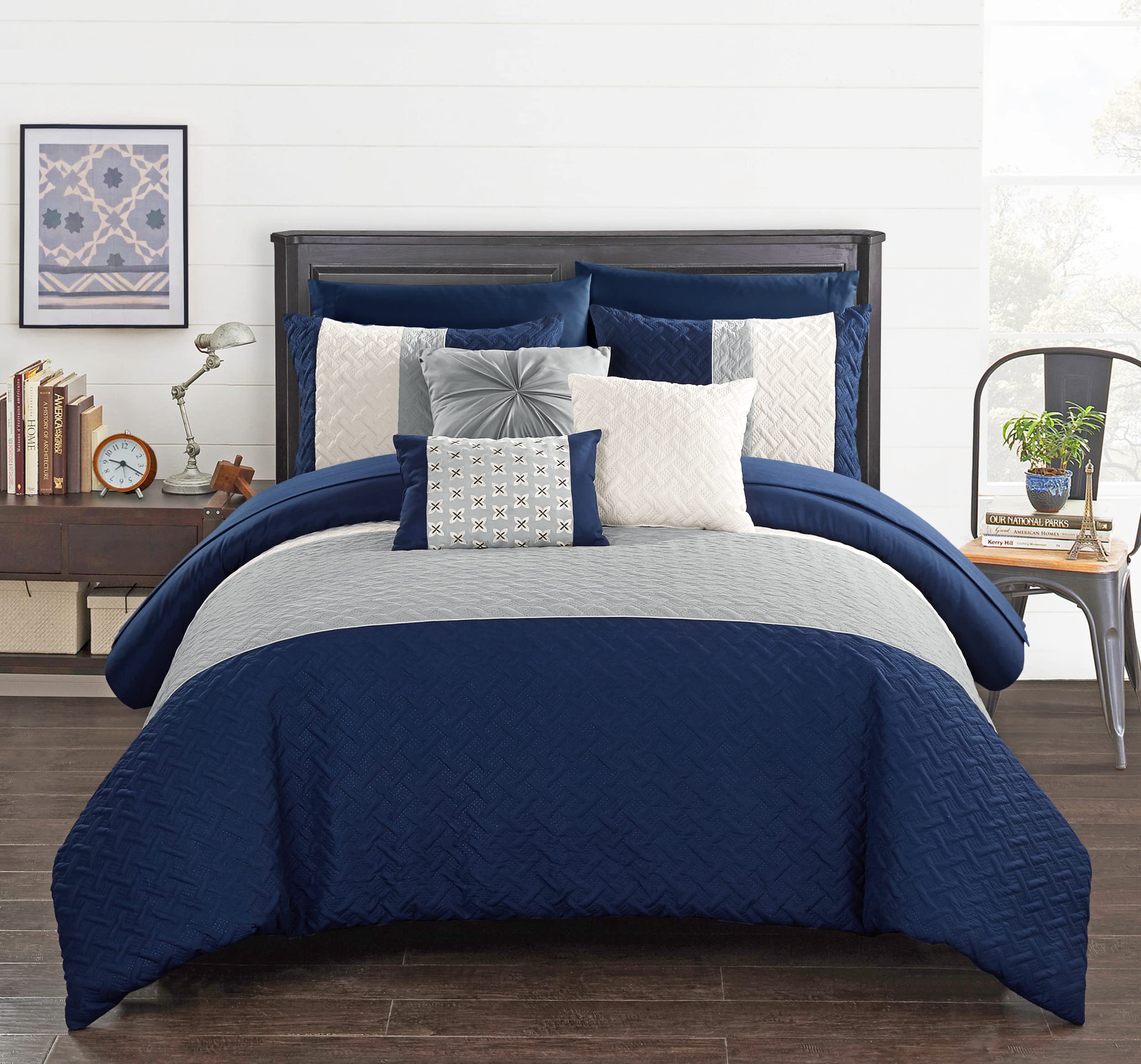 Osnat 8-Piece Comforter Set - Color Block Quilted Embroidered Bedding with Sheets & Decorative Pillows | Twin Size Navy Blue | Perfect for Modern Bedrooms & Guest Rooms