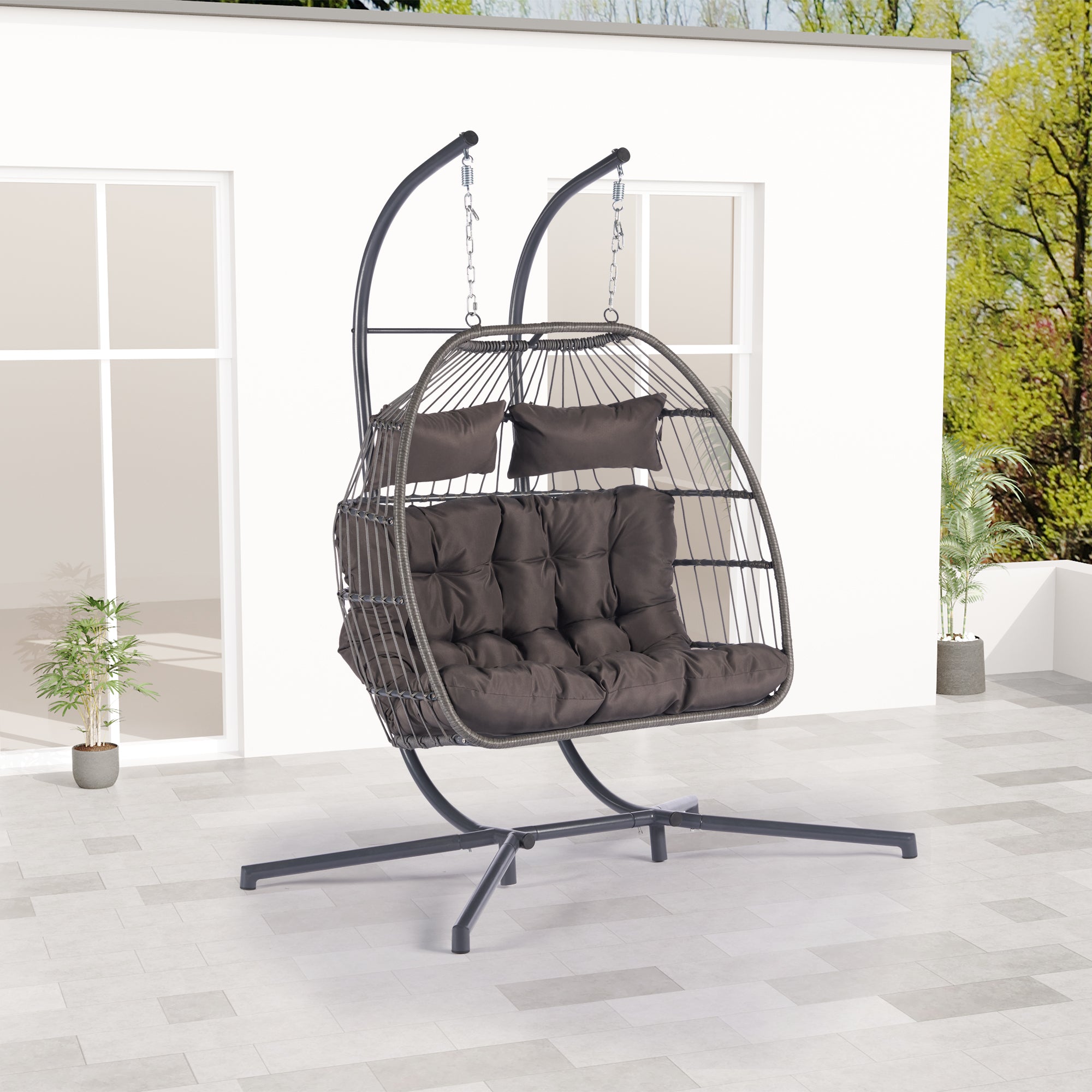 2 Person Outdoor Rattan Hanging Chair - Patio Wicker Egg Chair for Backyard, Garden, or Balcony Relaxation