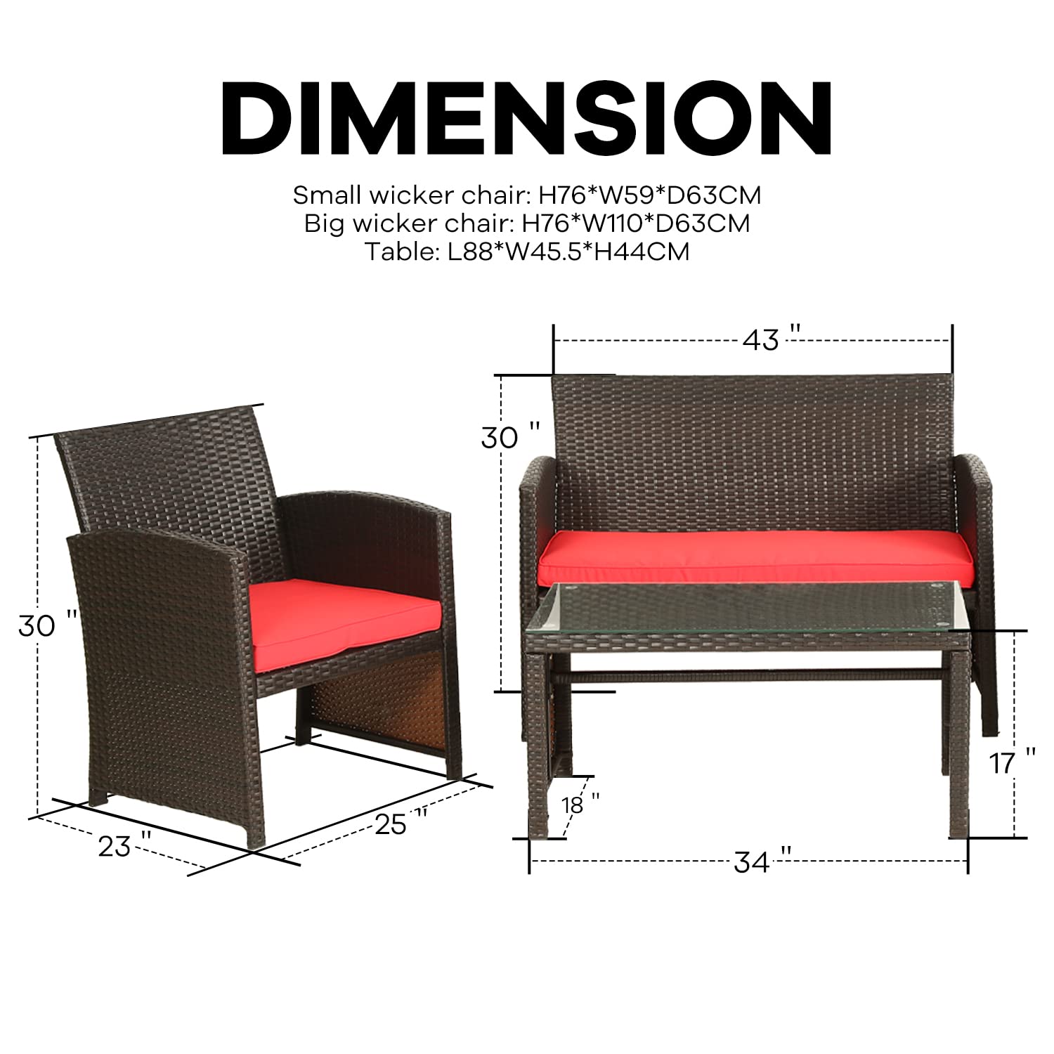 4-Piece Outdoor Patio Furniture Set with Cushions - Red Balcony Chairs & Table for Garden, Porch, Backyard Relaxation & Entertaining