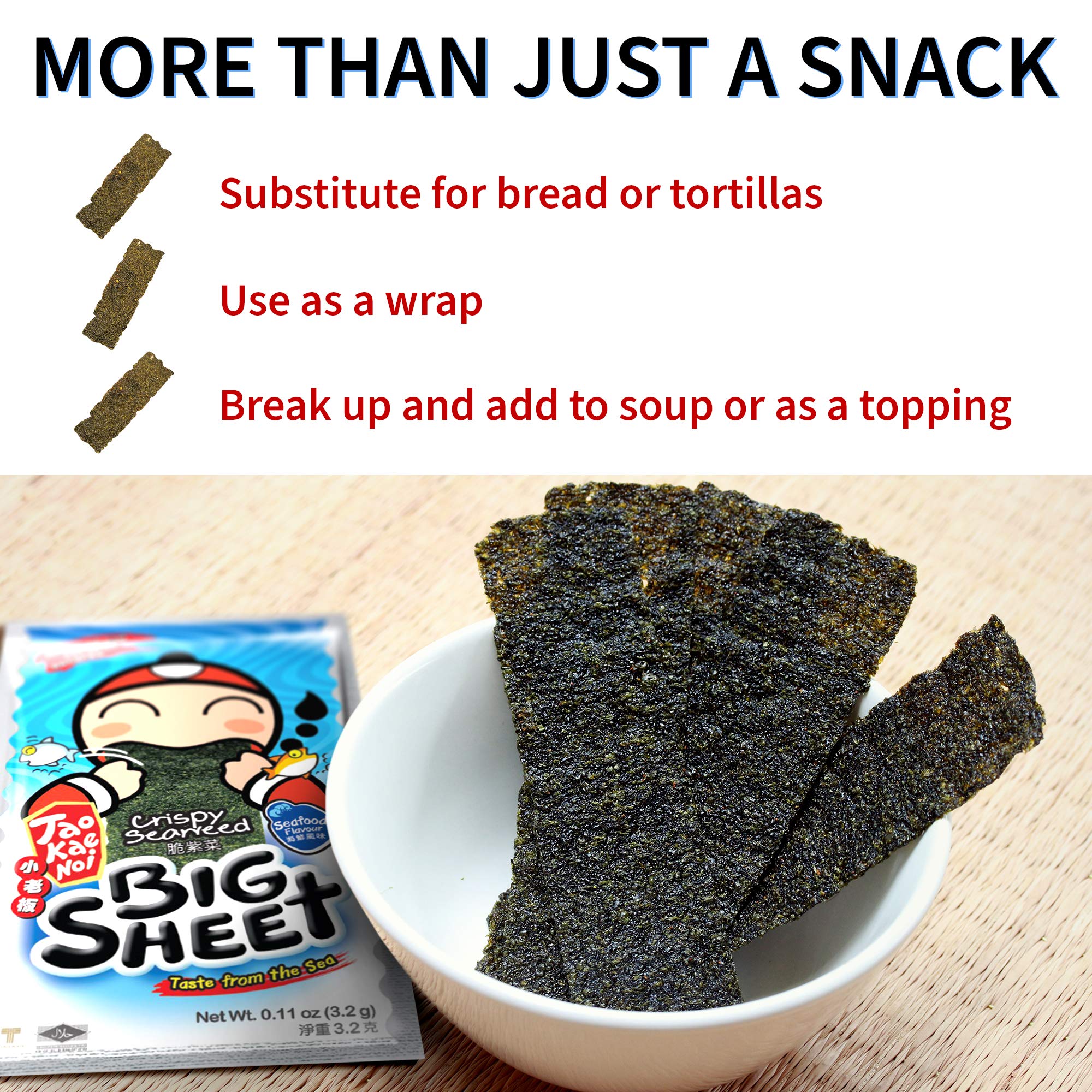 Crispy Thai Seaweed Snacks by Tao Kae Noi | Seafood Flavor Nori Chips | Healthy Low-Calorie Snack for Kids & Adults | 12 Individually Wrapped Sheets (3.2g each) | Perfect for Lunchboxes, Office Snacks & On-the-Go Healthy Eating