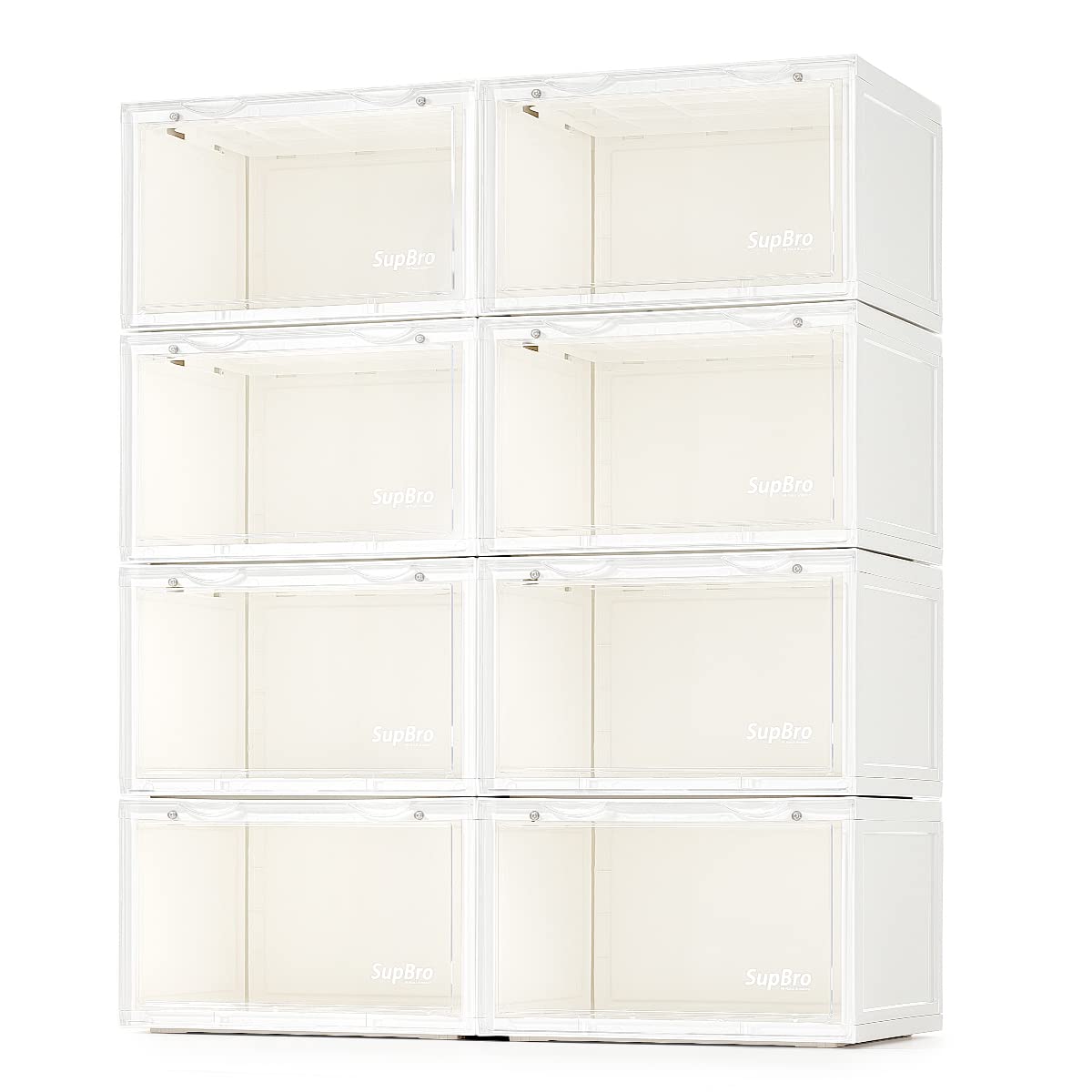 SupBro 8-Pack Foldable Stackable Clear Plastic Shoe Storage Box with Side Door - Easy Access Sneaker Display Organizer for Closet, Bedroom, and Shoe Collection (White)