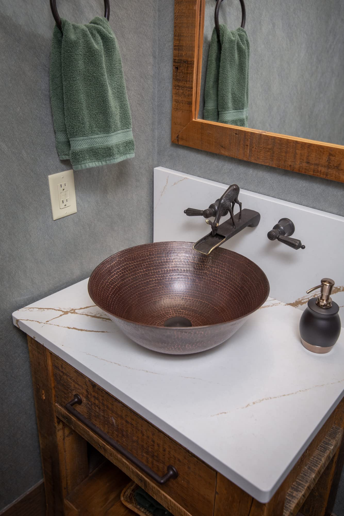 Antique Dark Copper Vessel Sink - Handcrafted Copper Bathroom Sink with Modern Farmhouse Style for Bathroom Vanity & Powder Room Decor