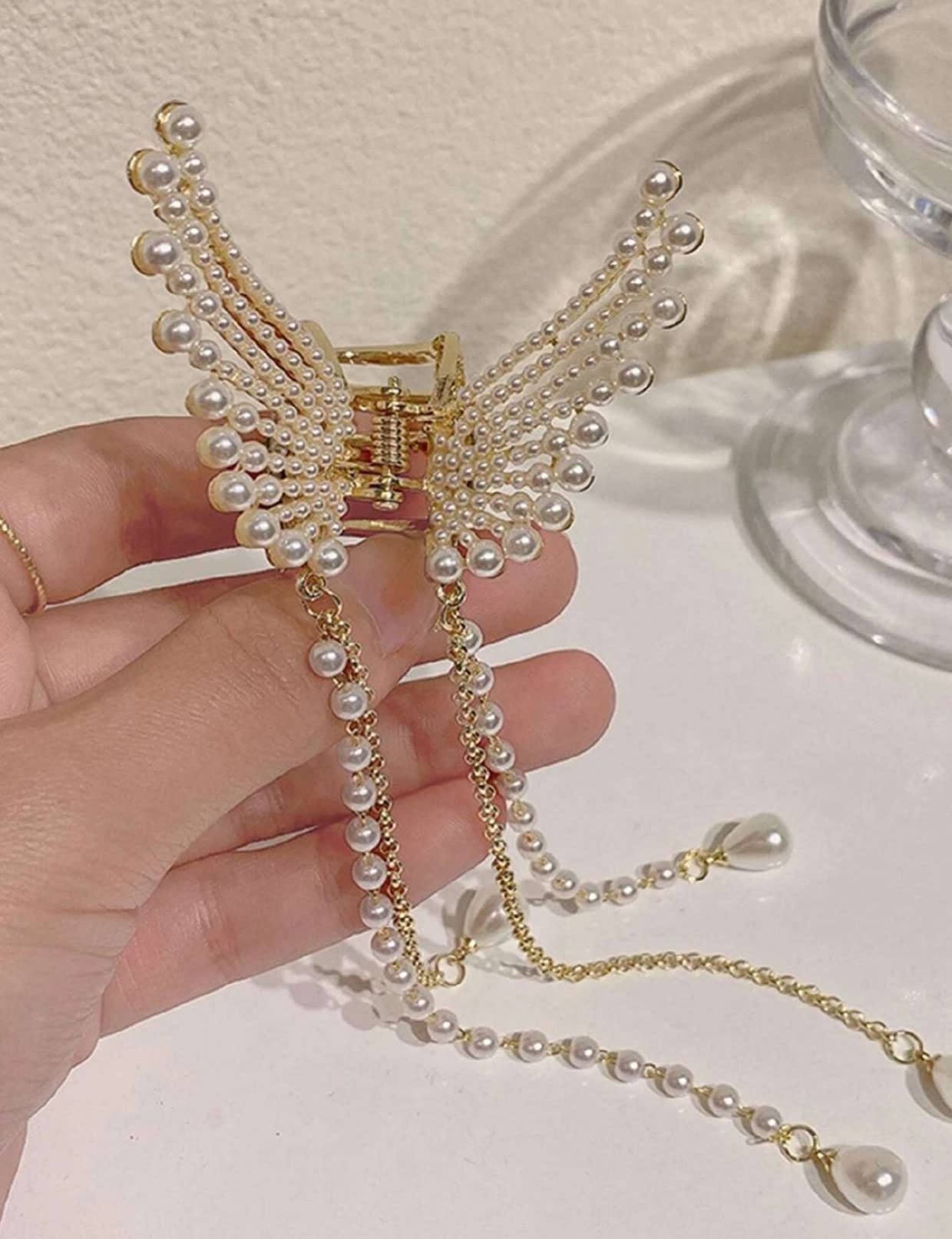 Balirava® Korean Hair Clip for Women - Elegant Butterfly Hairpin with Pearls & Rhinestones - Hair Claw Clip for Women & Girls - Perfect for Weddings, Parties & Everyday Styling (1 Piece)