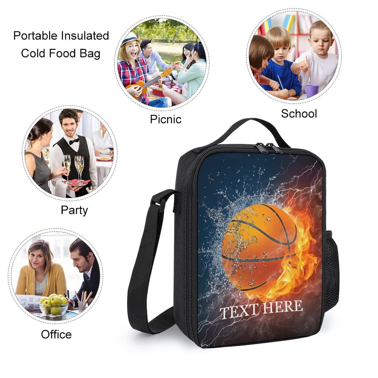 Custom Personalized Basketball Backpack Set with Fire Design - 3-Piece School Bag with Name Text, Lunch Box & Pencil Case for Boys & Girls | Perfect for School, Sports & Travel
