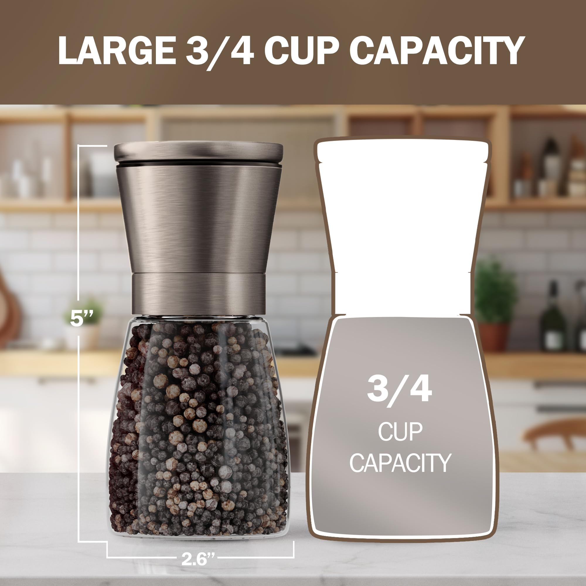 Premium Gun Metal Bronze Salt and Pepper Grinder Set of 2 - Adjustable Ceramic Core Mill - Glass Spice Shakers with Funnel & Free Ebook - Elegant Kitchen Accessories for Cooking, Dining & Gifting