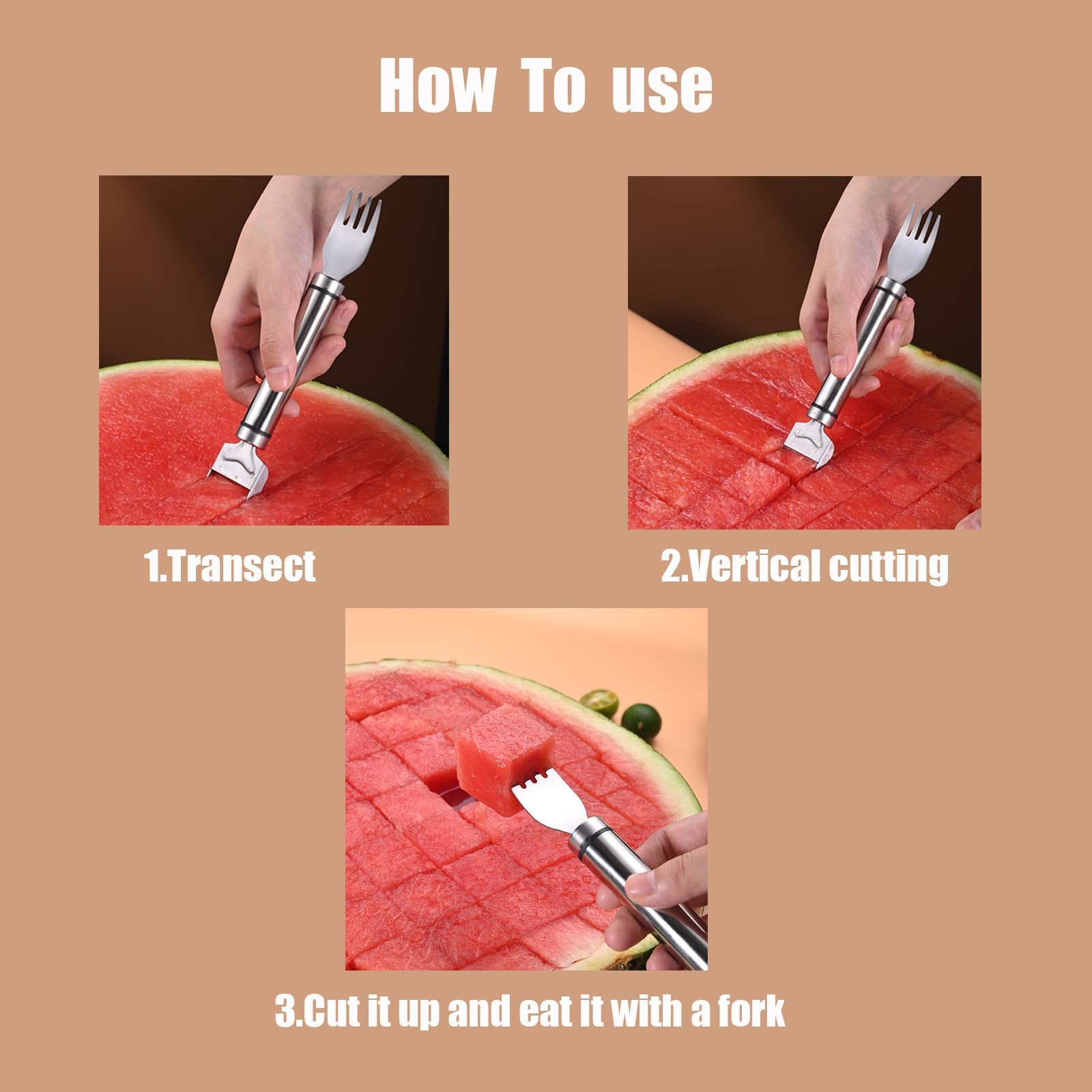2Pcs 2024 New Stainless Steel Watermelon Cutter & Slicer - 2-in-1 Dual Head Fruit Knife & Fork for Watermelon, Melon, Pineapple - Summer BBQ, Picnic, Party Essential Kitchen Tool (Silver)