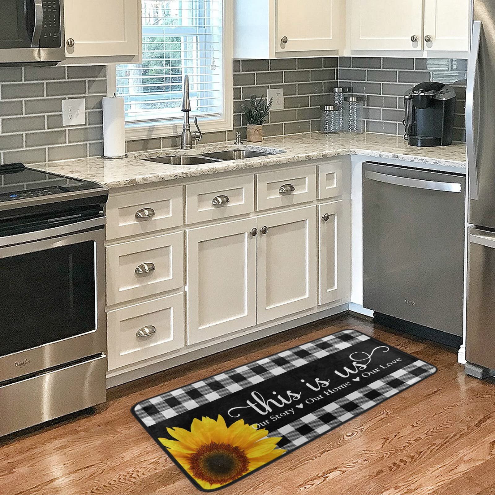 Non-Slip White Buffalo Plaid Kitchen Rugs with Sunflower Pattern - Cushioned Anti-Fatigue Floor Mats for Sink, Standing & Laundry Room - Washable Home Decor (39x20 Inches) - Perfect for Farmhouse Kitchens, Cozy Breakfast Nooks & Rustic Home Decor