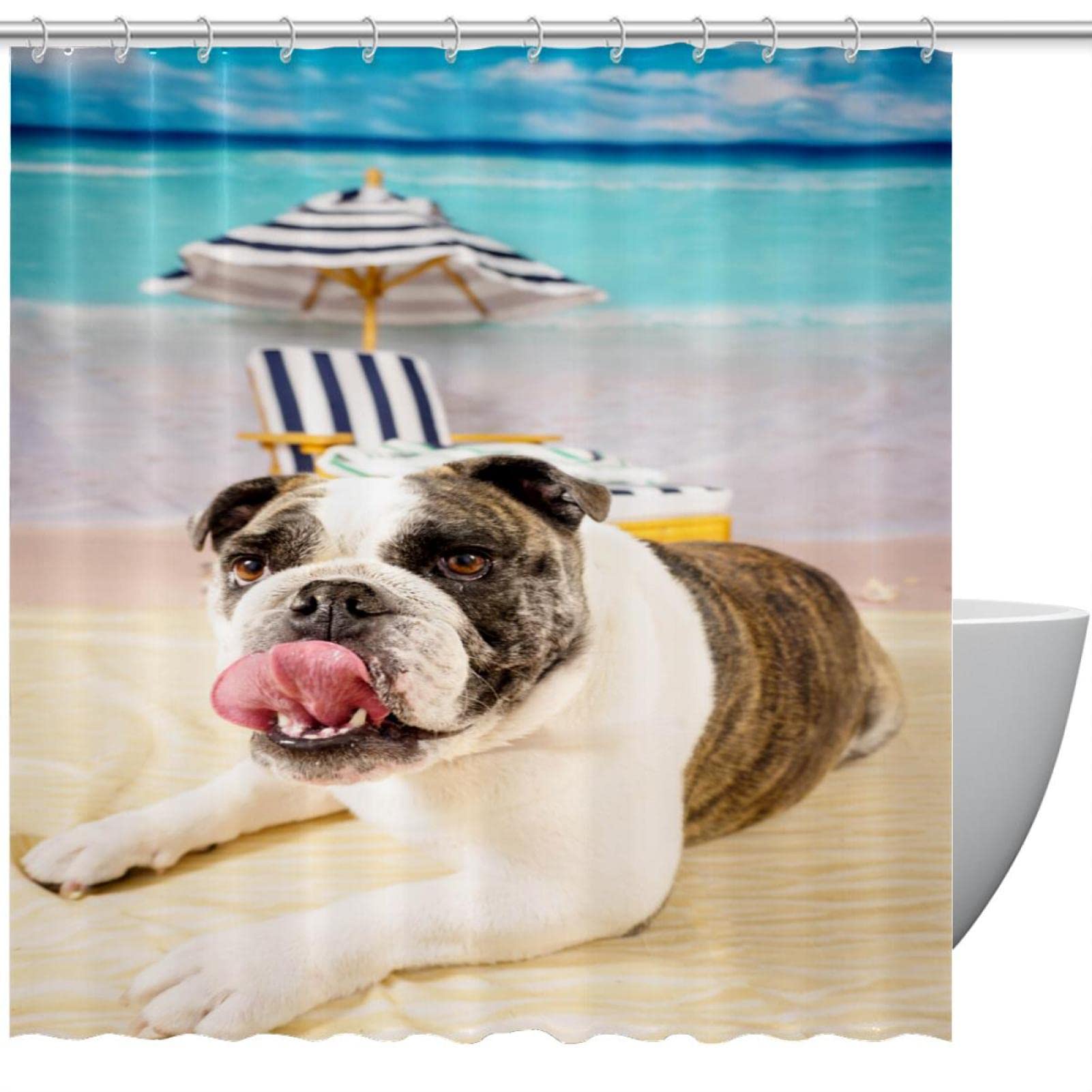 Bulldog Licking Shower Curtain - Washable Waterproof Bathroom Decor with 12 Hooks, 72x72 Inches - Fun Dog Theme for Kids & Pet Lovers Bathroom