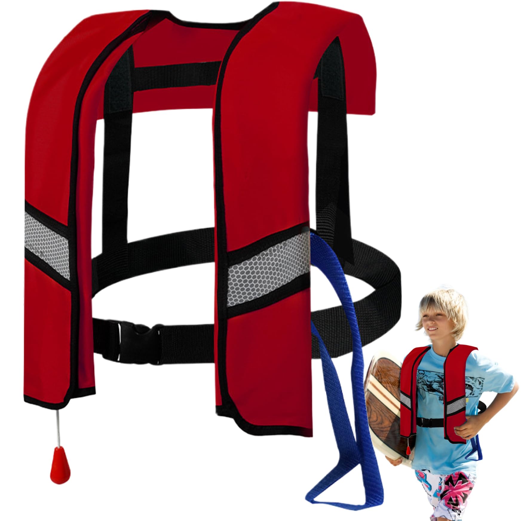 Automatic Inflatable Life Jacket for Adults - 150N Adjustable PFD with Reflective Strips & Whistle - Extra CO2 Tube Included - Perfect for Boating, Surfing, Swimming and Water Sports Safety