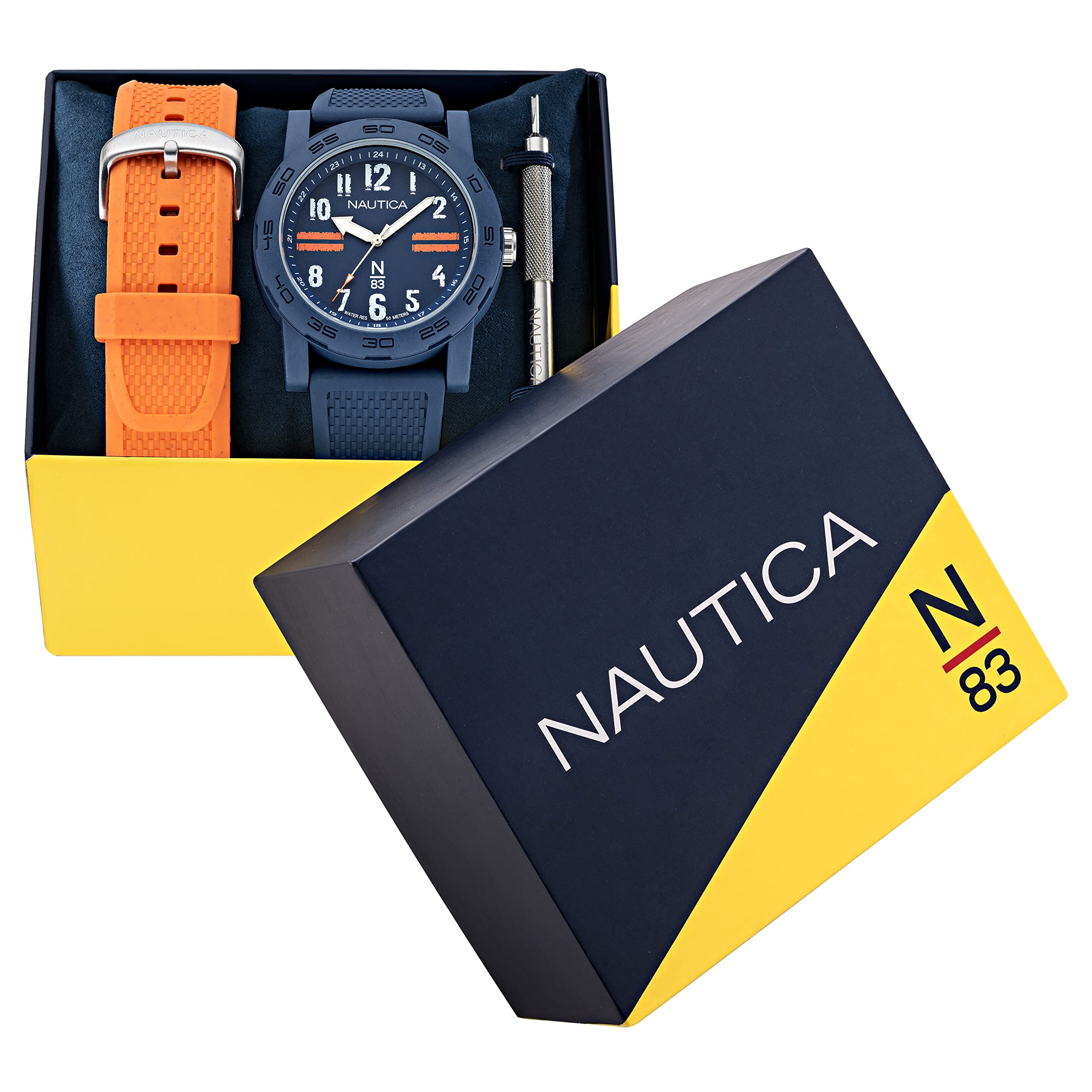 Nautica N83 Men's Watch with Blue & Orange PU Fiber Strap - Waterproof Casual & Sporty Timepiece for Diving, Swimming, and Outdoor Activities
