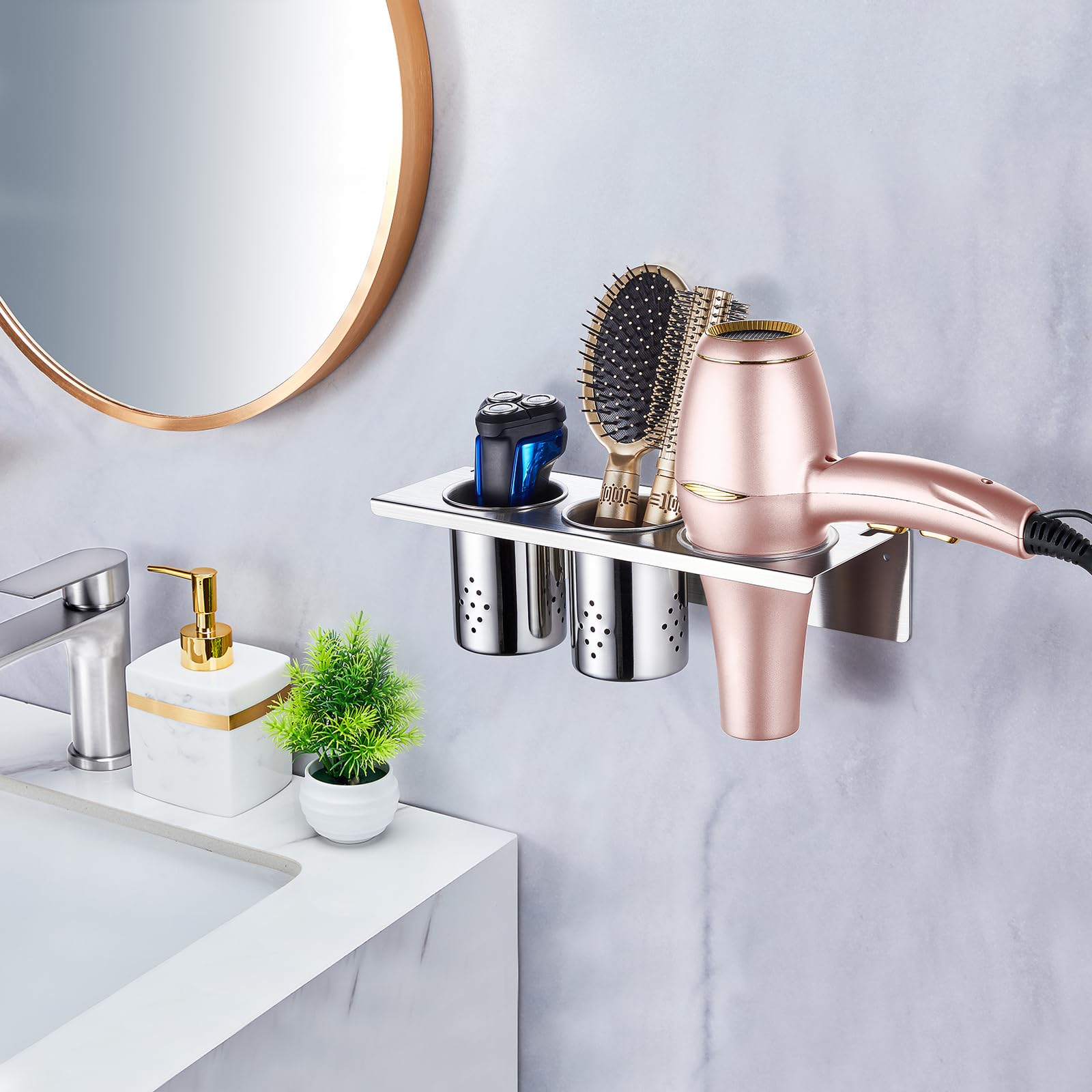 Wall Mount Hair Tool Organizer - Stainless Steel Hair Dryer & Curling Iron Holder with 2 Storage Cups | Bathroom Vanity Organizer for Blow Dryer, Flat Iron & Brushes | Perfect for Salon-Style Home Bathroom Organization