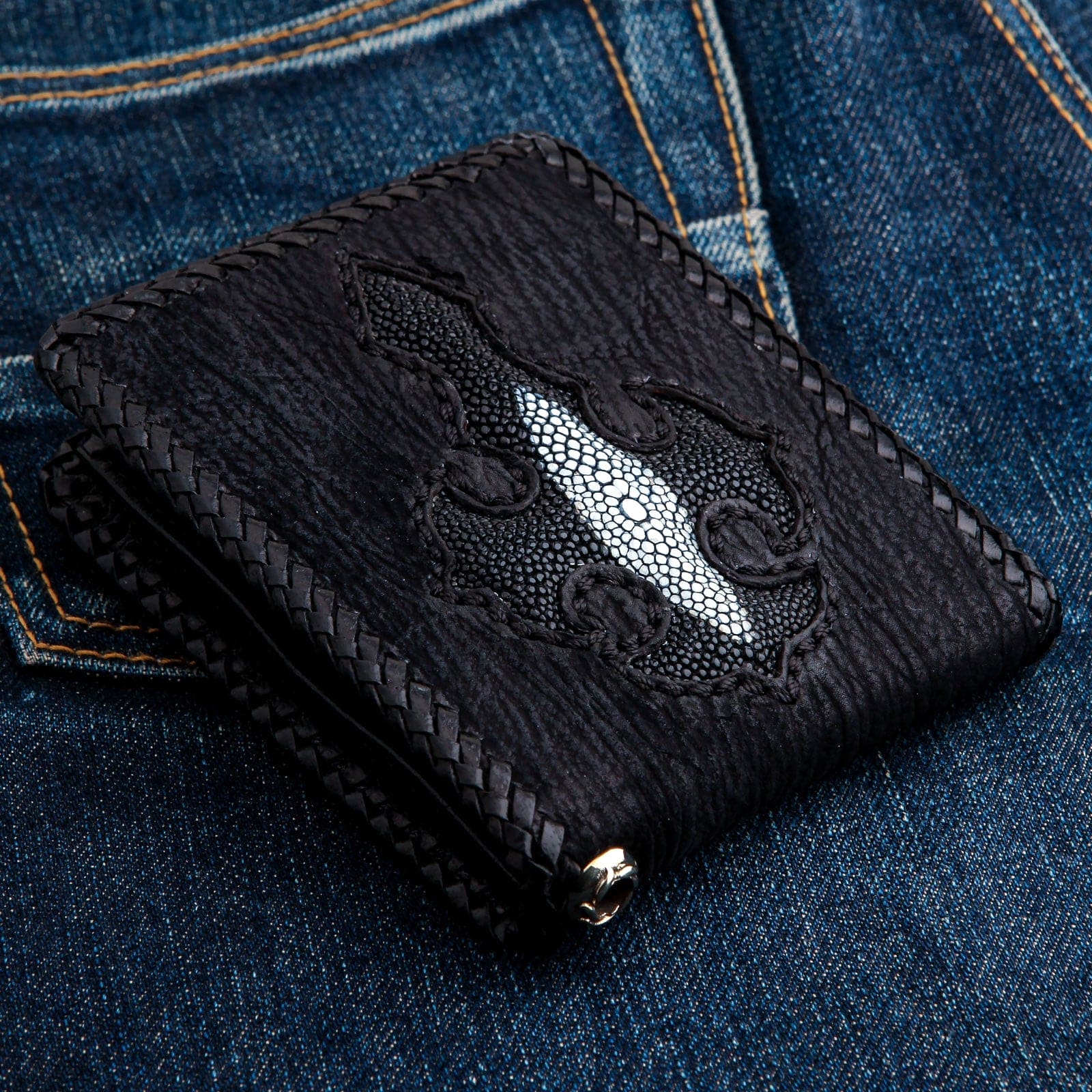 Genuine Black Stingray Leather Biker Wallet with Cross Inlay - Stylish & Durable Chain Wallet for Men, Perfect for Motorcycle Riders & Everyday Use