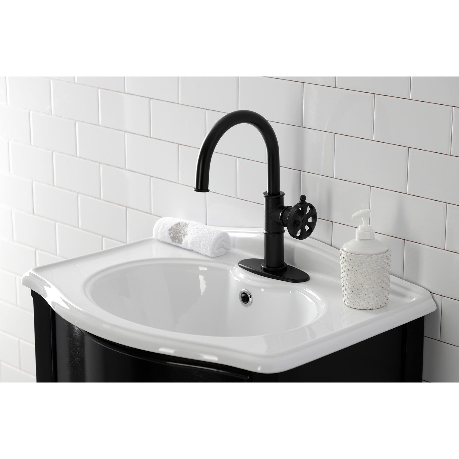 Belknap KSD2230RX Single Handle 1 Hole Bathroom Sink Faucet with Deck Plate & Push Pop-Up Drain - Matte Black Finish for Modern Bathroom & Powder Room Renovations