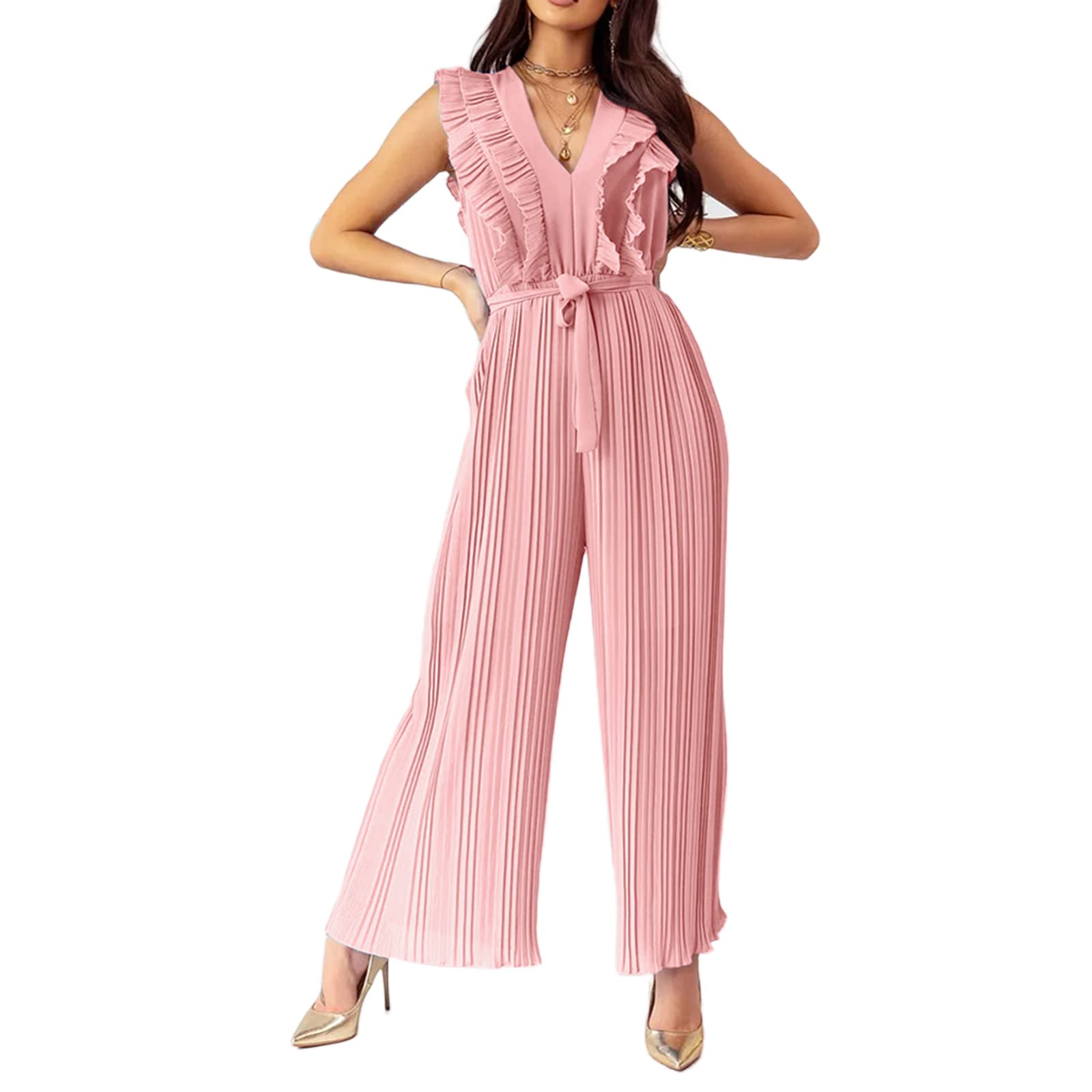 Women's Solid Color Bow Neck Halter Jumpsuit - Sleeveless High Waist Wide Leg Romper with Belt for Summer Beach Party, Wedding Guest Outfit & Casual Wear