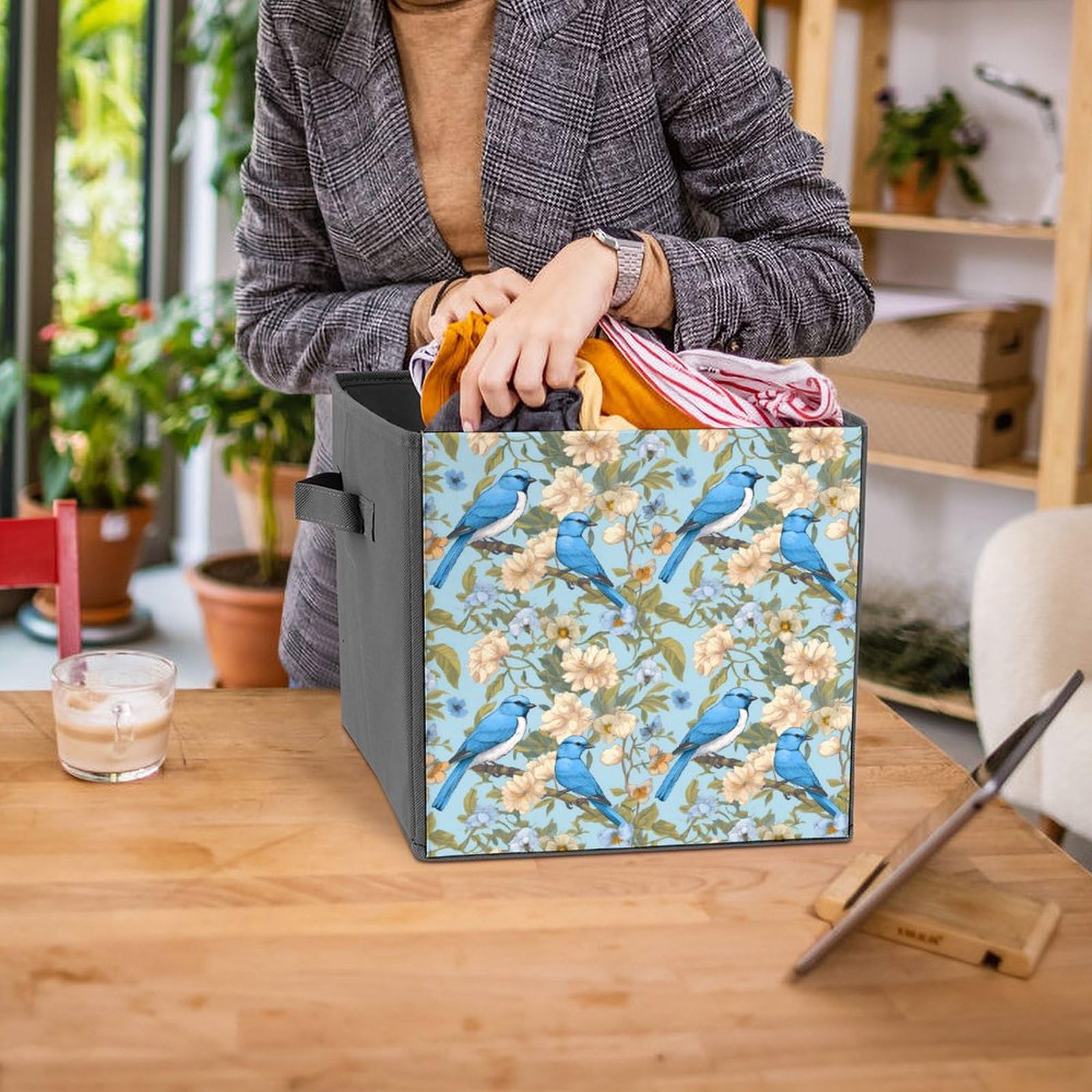 Blue Birds Flowers Folding Storage Cubes - Durable Fabric Storage Bins with Handles, 2-Pack - Perfect for Closet, Nursery, and Home Organization