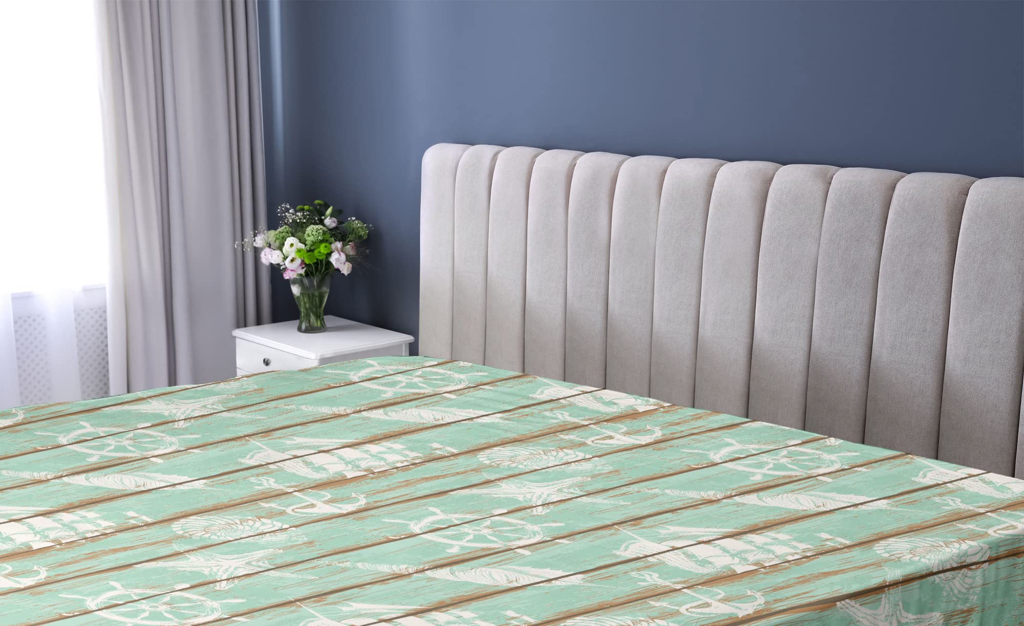 Ambesonne Nautical Fitted Sheet - Queen Size Mint Green Ship Wheel & Anchor Design Deep Pocket Bed Cover for Comfort | Perfect for Coastal, Beach House, or Maritime Themed Bedrooms