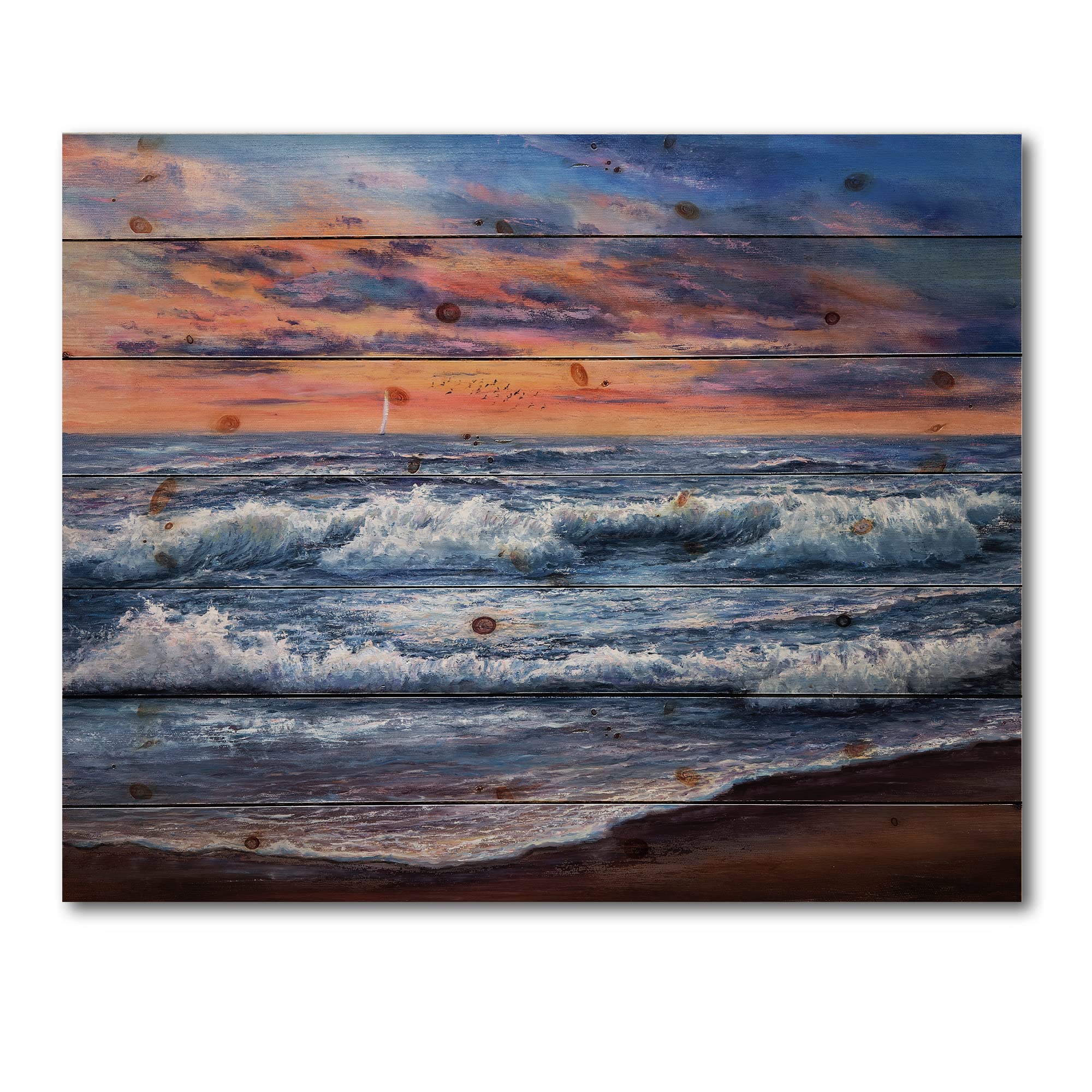 Sunset Over The Blue Ocean II - Coastal Wood Wall Art Decor | Nautical Beach Wood Panels Printed on Natural Pine | Perfect for Living Room, Bedroom & Beach House Decor
