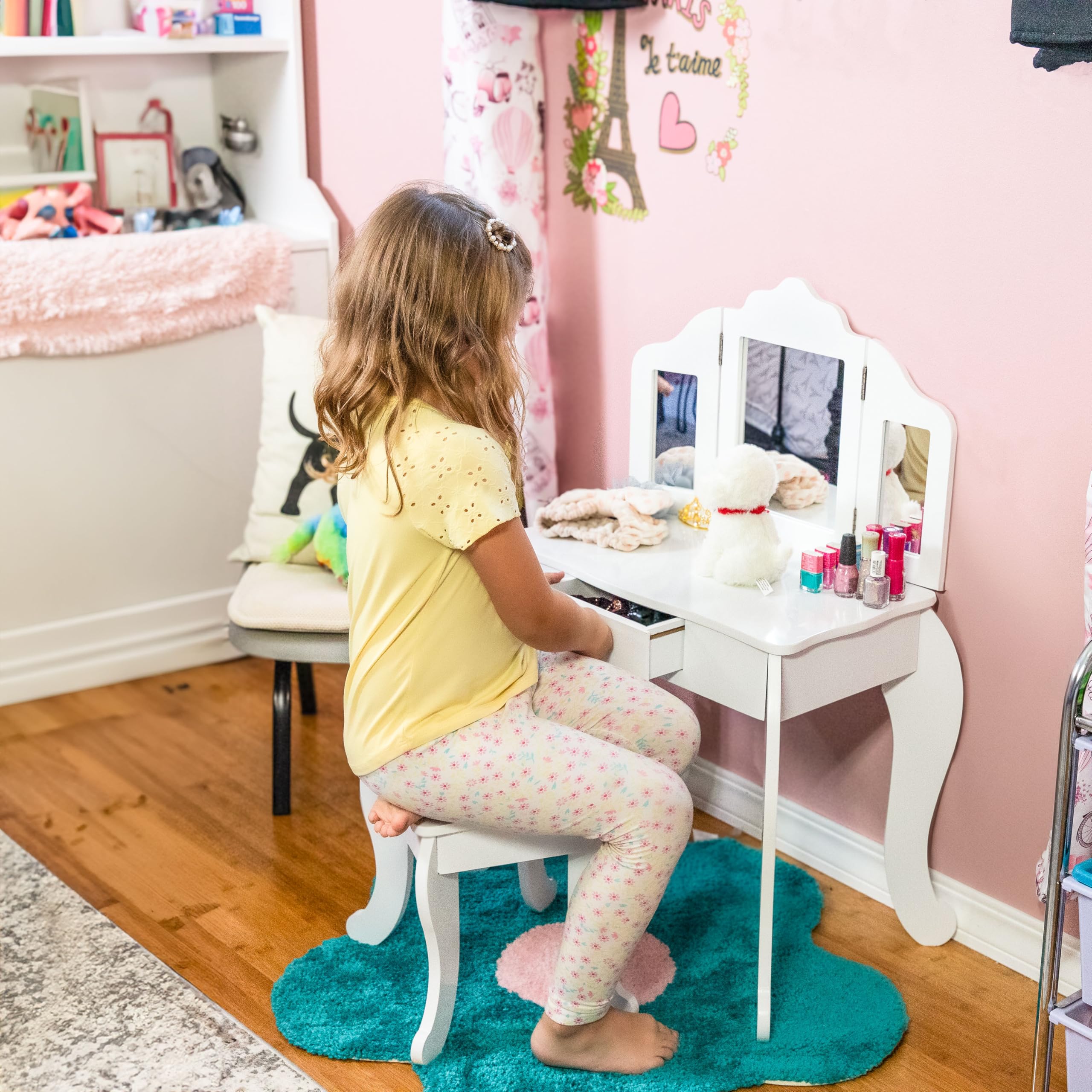 Wooden Pretend Play Vanity Set for Girls - Kids' Vanity Desk with Mirror, Drawer & Stool - White - Perfect for Dress-Up, Role Play & Birthday Gifts