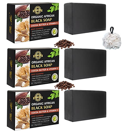 Organic Cocoa Butter Black Cleansing Soap - Deep Cleansing African Black Soap Bar with Cocoa Butter (3 Pack) - Perfect for Acne-Prone Skin & Natural Skincare Routine