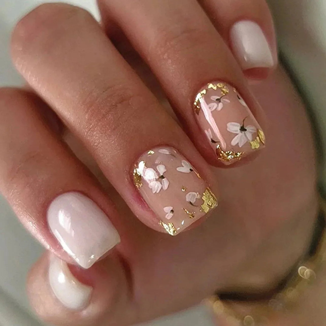 24Pcs Short Pink Press on Nails with Floral Gold Foil Design - Square French Ballet Fake Nails - Ready to Wear Artificial Nails for Parties, Weddings & Special Occasions