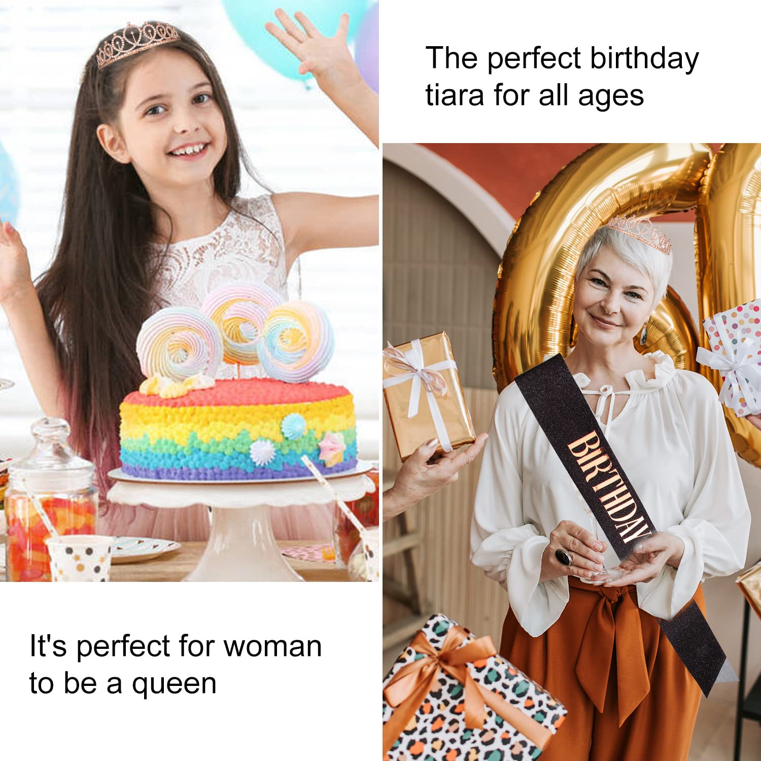 CIEHER Rose Gold Birthday Crown & Black Sash Set for Women - Elegant Crystal Tiara & Queen Crown for Birthday Parties, Decorations, and Special Celebrations - Perfect Birthday Gift for Women