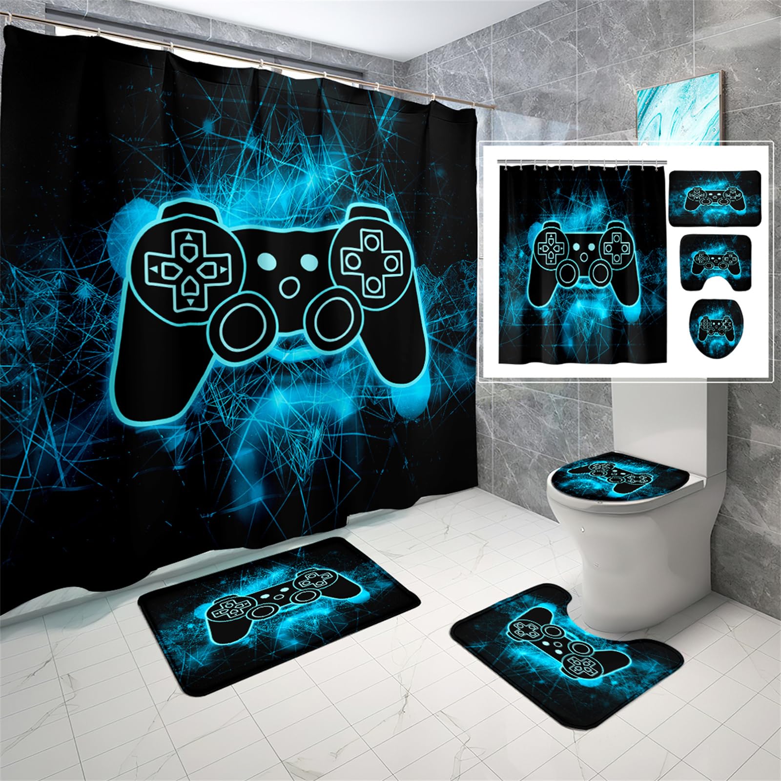 Gaming Shower Curtain Set for Boys - 70x70 Inch Blue Video Game Themed Bathroom Decor with Matching Rugs | Perfect for Kids' Bathroom, Teen Gamer Room & Gaming Enthusiast Spaces