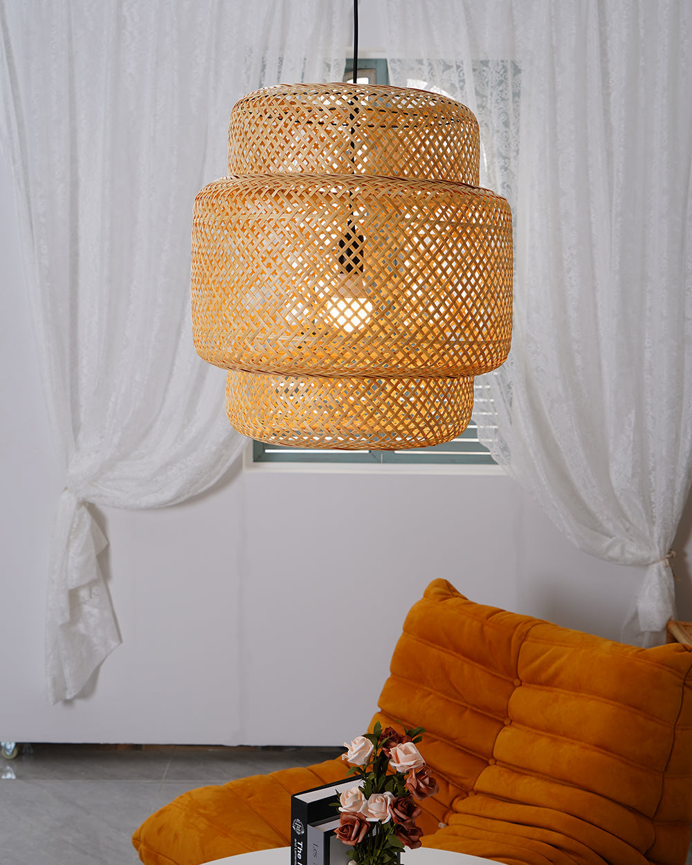 Modern Bamboo Pendant Light Fixture - Handwoven Natural Rattan Hanging Lamp for Kitchen Island, Dining Room & Bedroom Decor - Eco-Friendly Lighting Solution