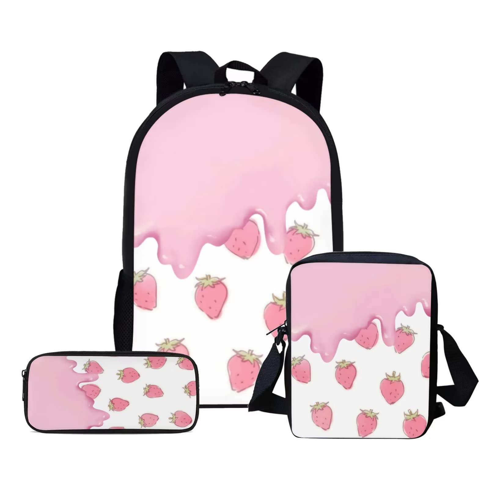 WELLFLYHOM Cute Strawberry Print Girls Backpack Set - 3 Piece School Bag with Crossbody Purse & Pencil Case for Elementary & Middle School Students | Durable Bookbag for Daily Use, Travel & School Supplies Storage