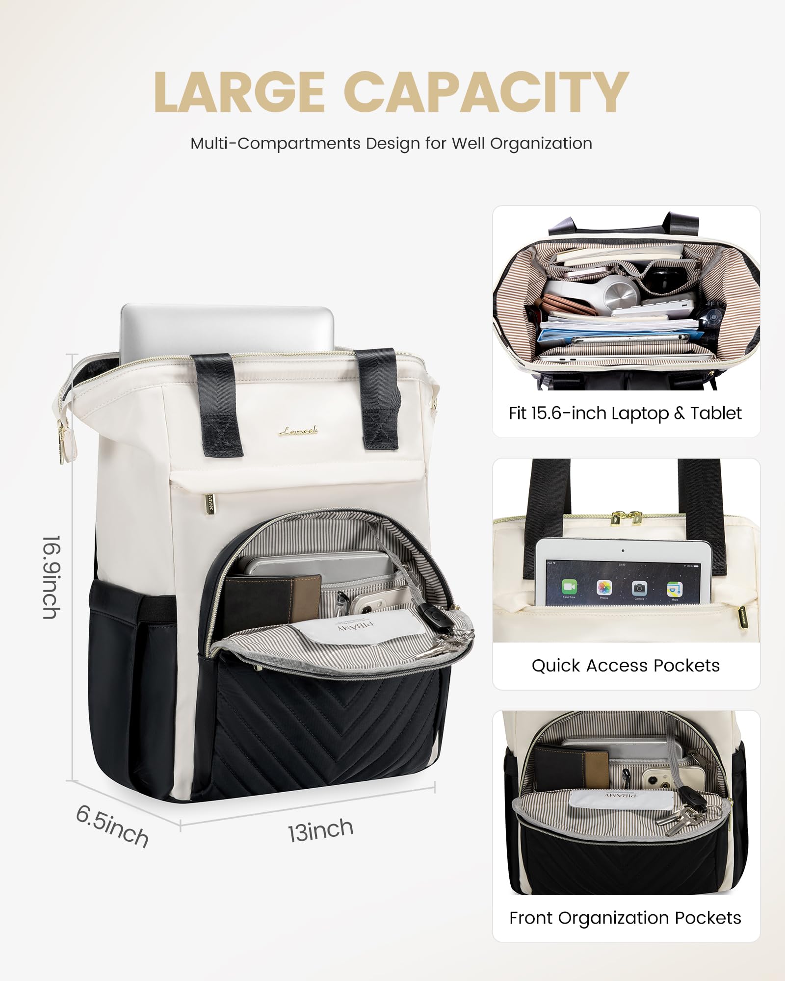 LOVEVOOK 15.6 Inch Waterproof Laptop Backpack for Women with USB Port, Stylish Work & Travel Bag for Teacher, Nurse, Business Professionals, Black-Cream White, Perfect for Office, School & Commuting
