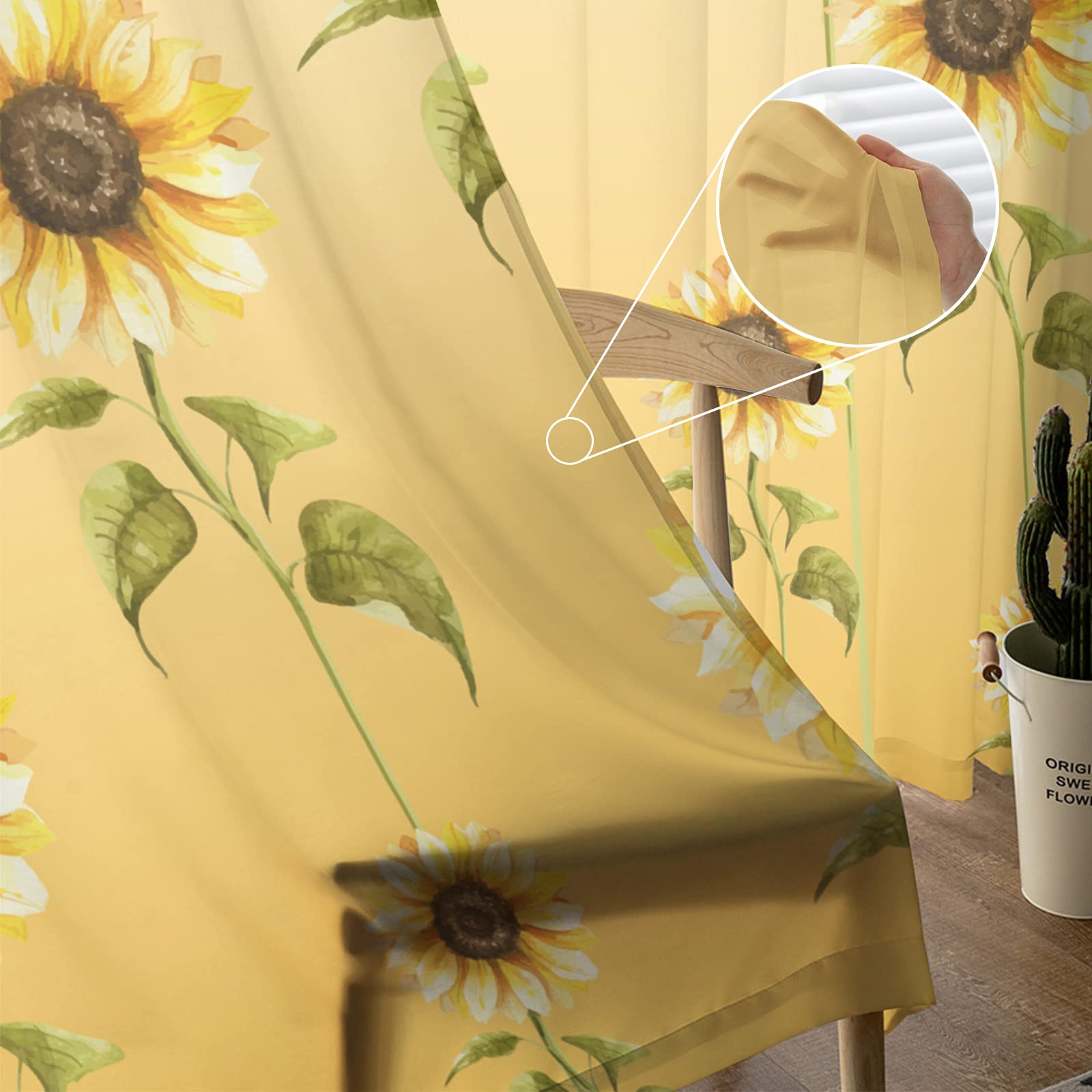 Sunflower Curtains Panels Set - Yellow Sheer Rod Pocket Kitchen Drapes for Privacy & Decor, Voile Window Curtains for Living Room, Bedroom, Summer Floral Home Decor, 52