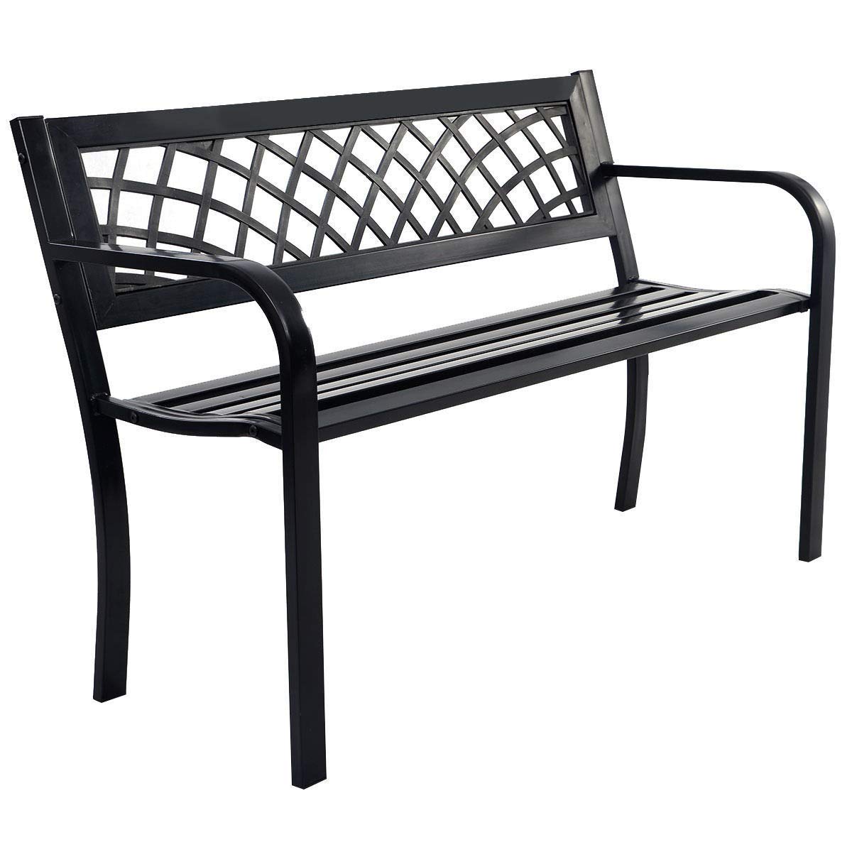 Sturdy Steel Frame Patio Garden Bench - Outdoor Deck & Front Porch Metal Bench - Wrought Iron Patio Furniture for Gardens, Decks & Outdoor Spaces