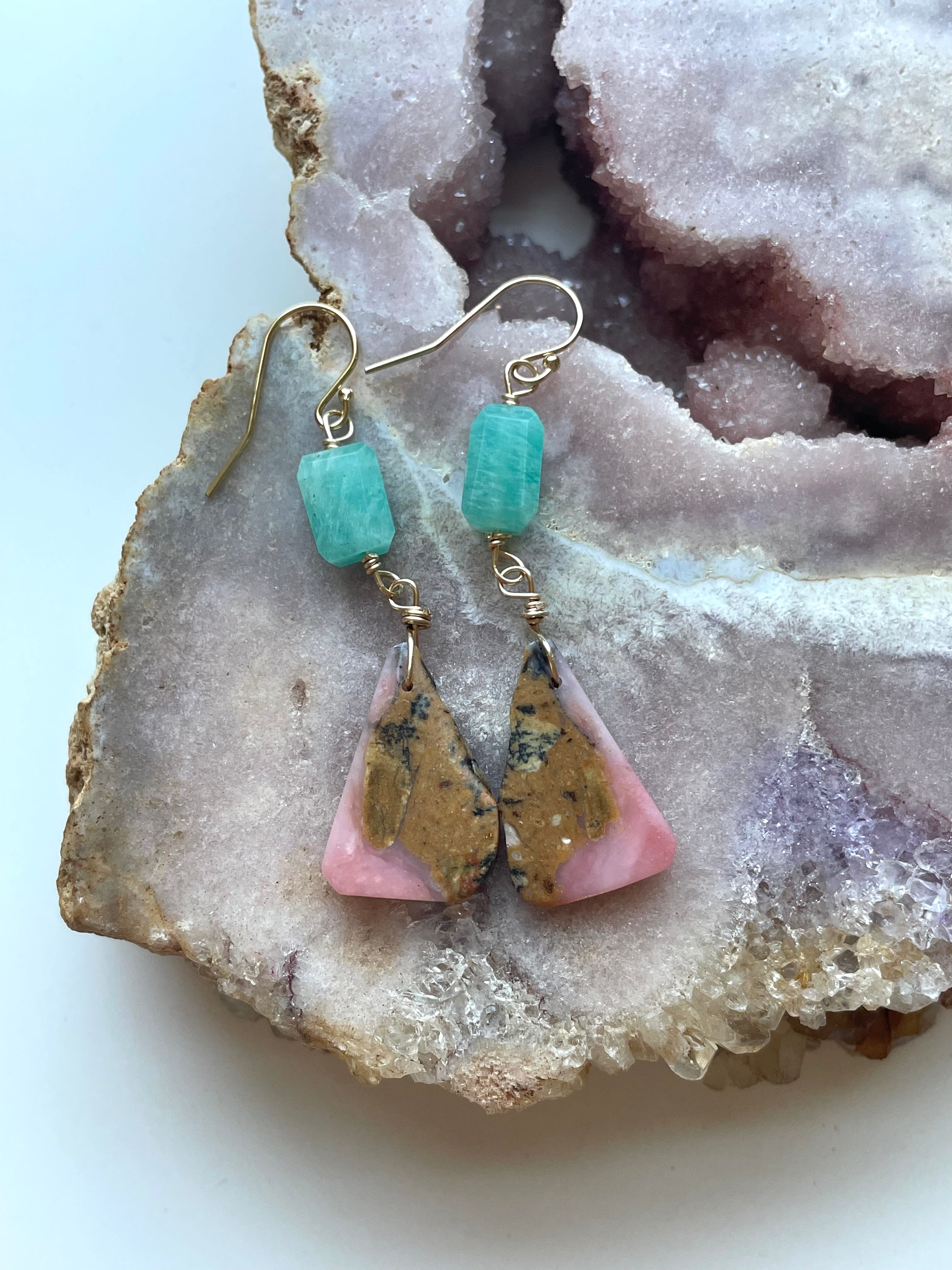 Unique Amazonite & Pink Opal Dangle Earrings in Gold Fill - Handmade Crystal Jewelry for Women - Perfect for Weddings, Parties & Special Occasions