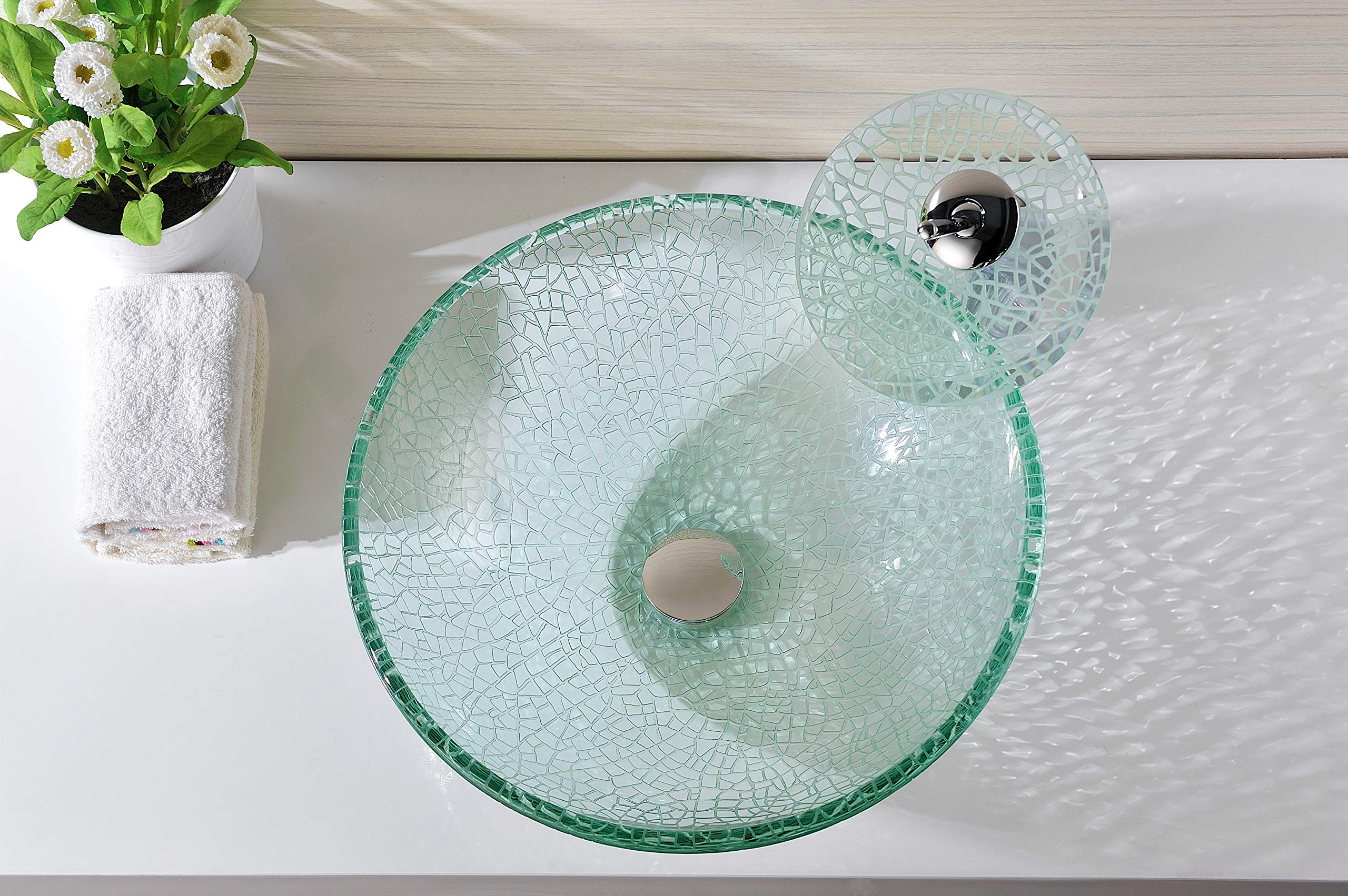 ANZZI Crystal Clear Mosaic Tempered Glass Vessel Sink with Waterfall Faucet Set - Round Above Counter Bathroom Sink Combo (LS-AZ063) | Modern Vanity for Master Bath & Powder Room