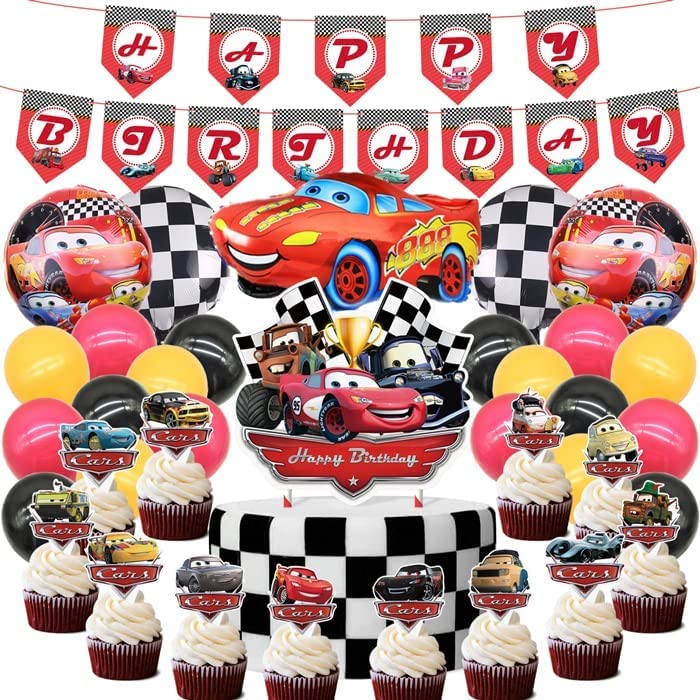 Lightning McQueen Birthday Party Decorations - Car Theme Banners, Balloons, Cake & Cupcake Toppers - Perfect for Kids' Birthday Celebrations and Themed Parties