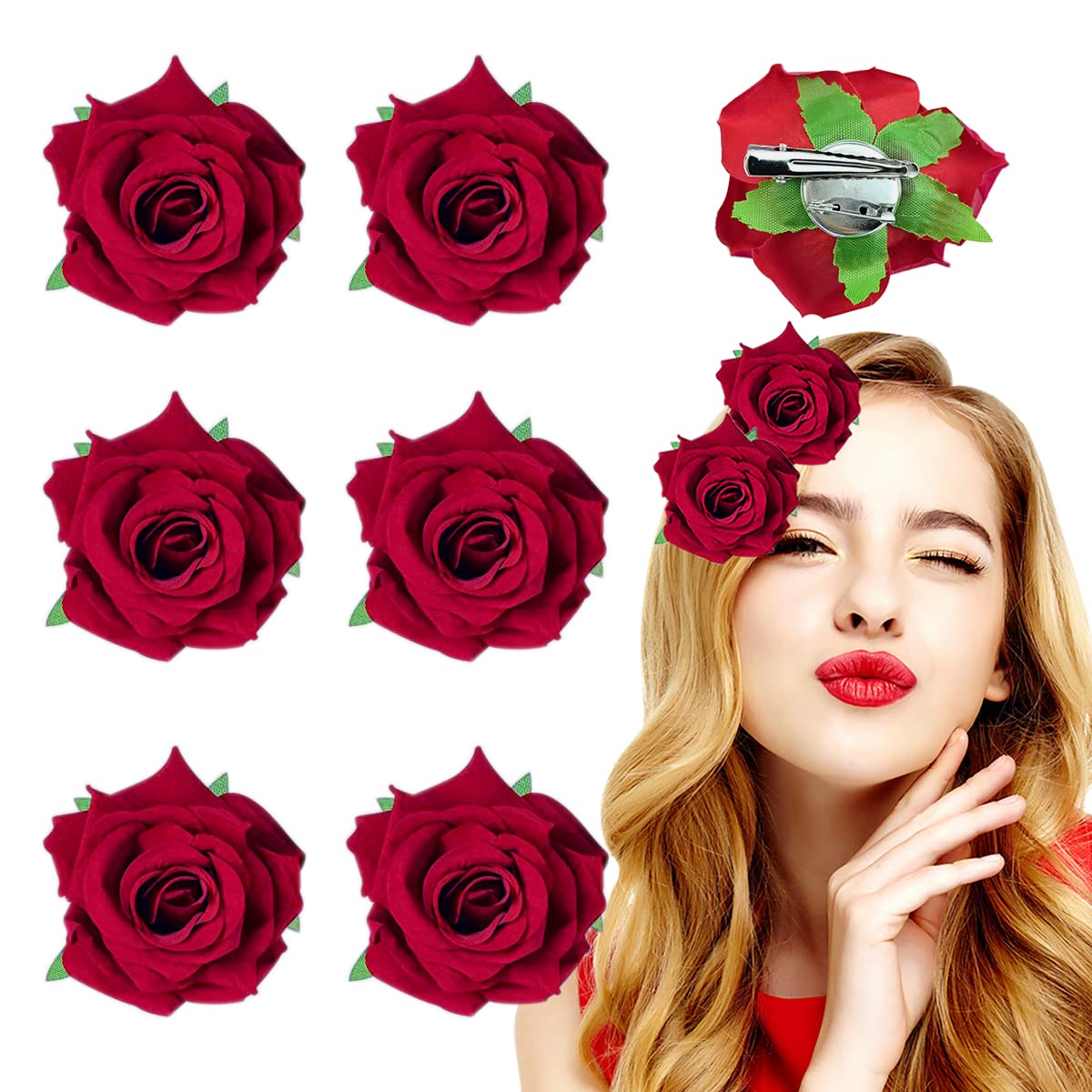 6 PCS Red Rose Flower Hair Clips for Women & Girls - Elegant Wedding Hair Accessories, Flamenco Dancer Brooches - Perfect for Bridal, Parties & Special Occasions