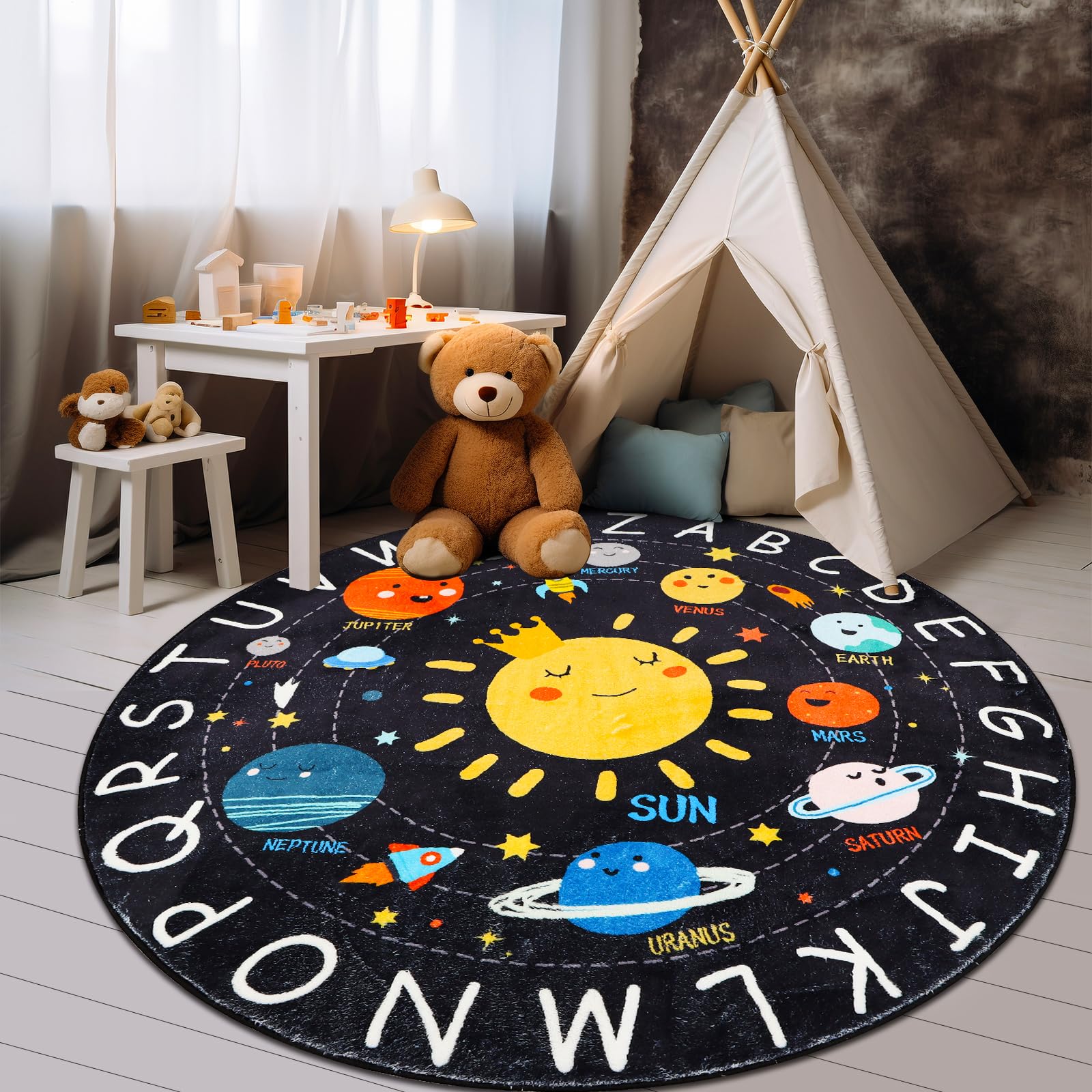 AKASISRUG Solar System Educational Rug for Kids - 5.2 FT Round Washable ABC Learning Carpet for Nursery & Playroom - Perfect for Space-Themed Bedrooms and Toddler Play Areas