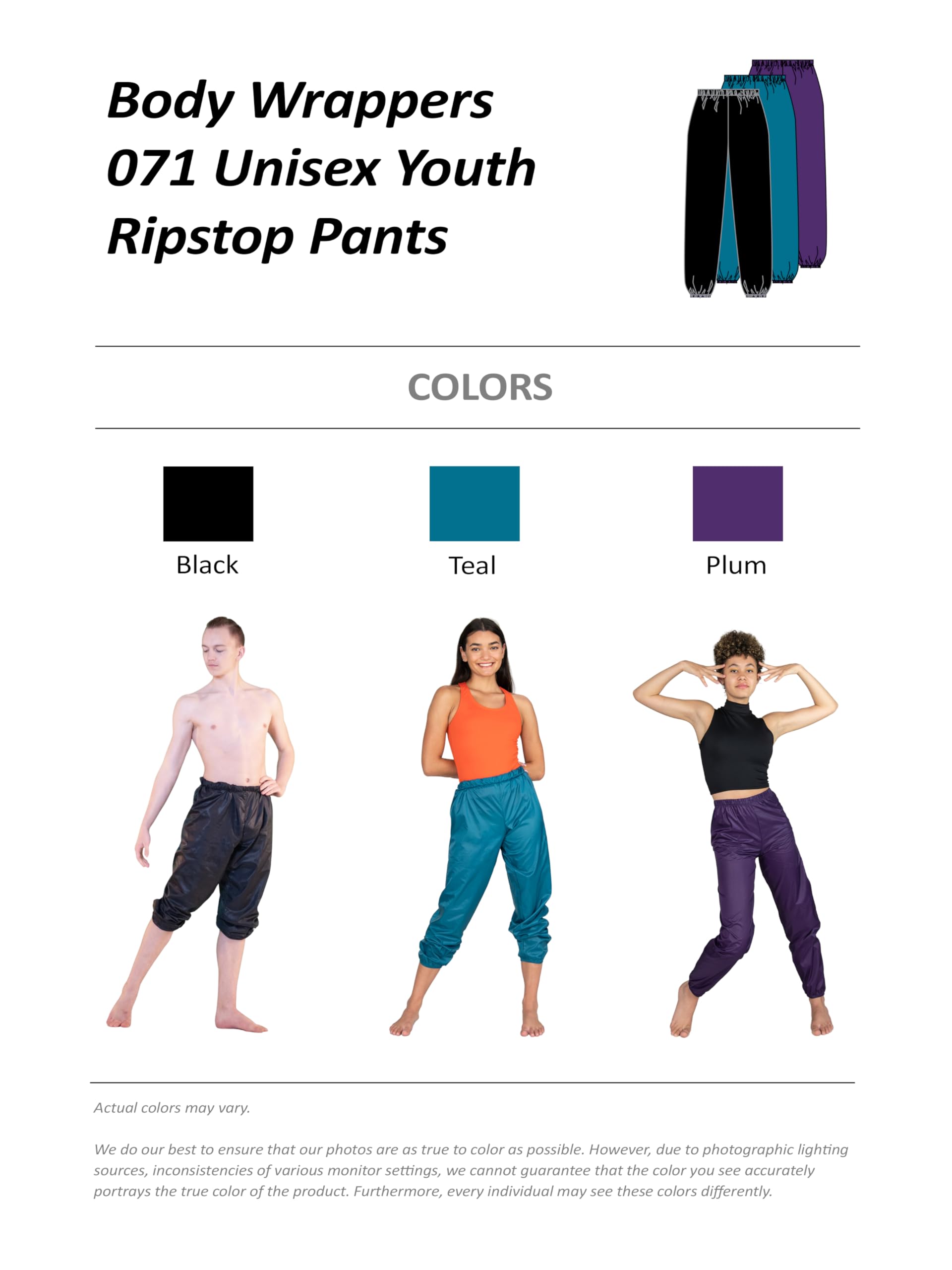 Body Wrappers Girls Lightweight Ripstop Pants - Style 071 | Durable Dance & Active Wear for Kids | Perfect for Ballet, Gymnastics & Outdoor Play