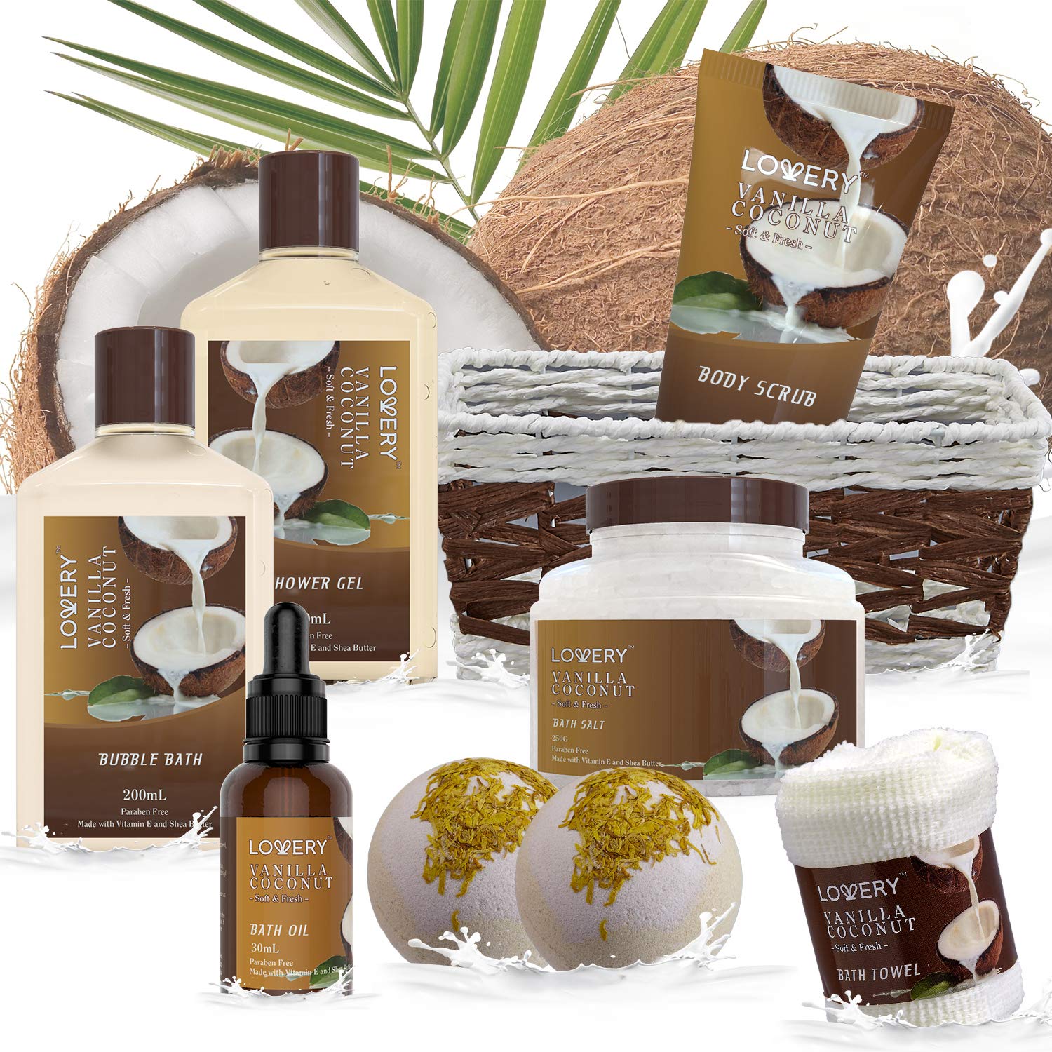 Vanilla Coconut Spa Gift Basket for Women & Men - 9 Piece Luxury Bath & Body Set with Bath Bombs, Lotion, Coconut Oil & Plush Towel | Perfect Birthday, Anniversary & Holiday Present for Relaxation & Self-Care
