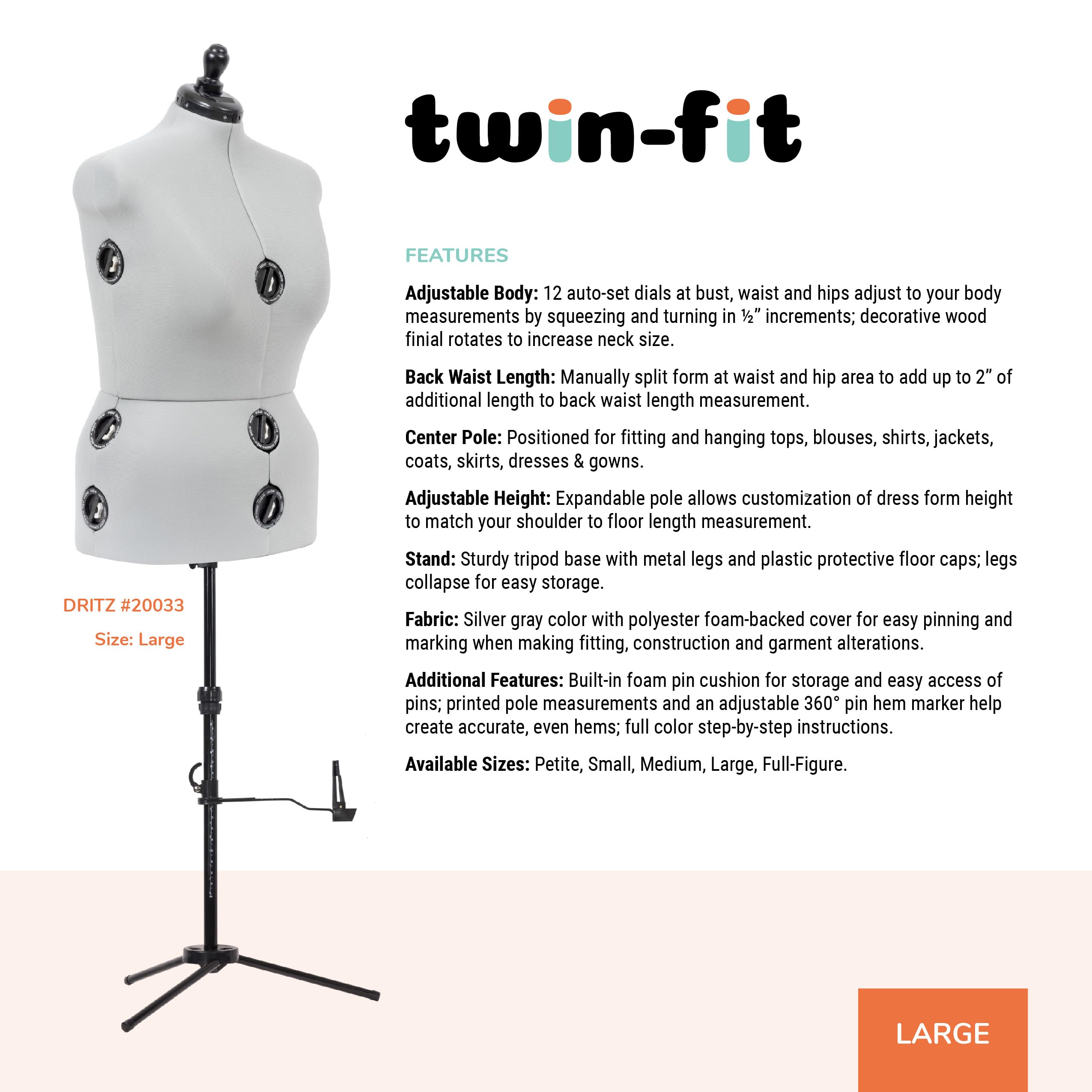 Dritz Twin-Fit Adjustable Dress Form with Tri-Pod Stand - Large Size for Fashion Design, Sewing & Tailoring - Perfect for Dressmaking, Fitting, and Alterations
