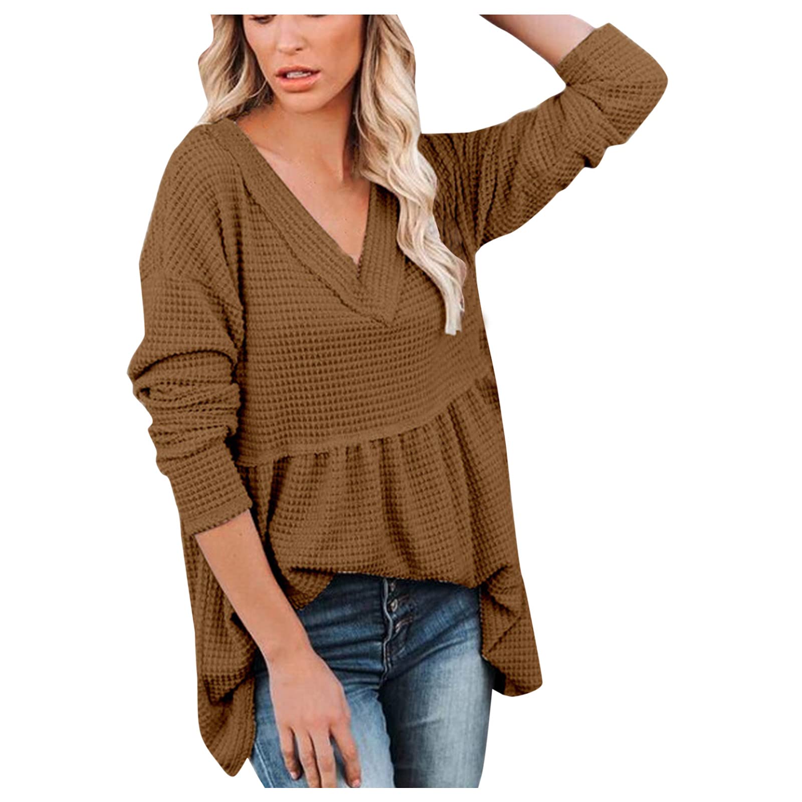 Women's Loose Fit V-Neck Long Sleeve Blouse - Breathable Summer T-Shirt Top with Solid Color & Stitching Detail for Casual Wear, Office & Outings