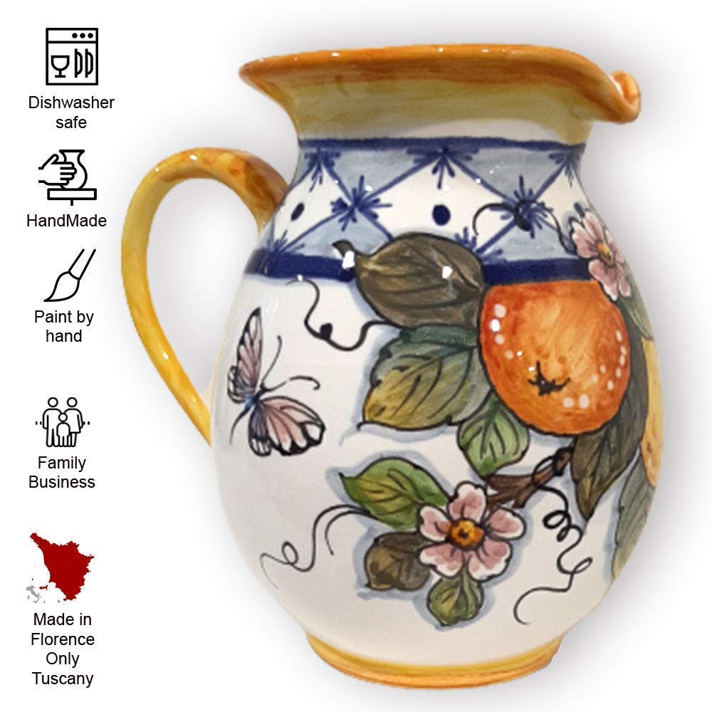 Hand-Painted Italian Ceramic Pitcher Lemon Design - 33 oz Tuscan Kitchen Carafe, Utensil Holder & Wine Dispenser - Authentic Italian Pottery Vase for Home Decor | Perfect for Farmhouse Kitchens, Italian Restaurants & Gift Giving